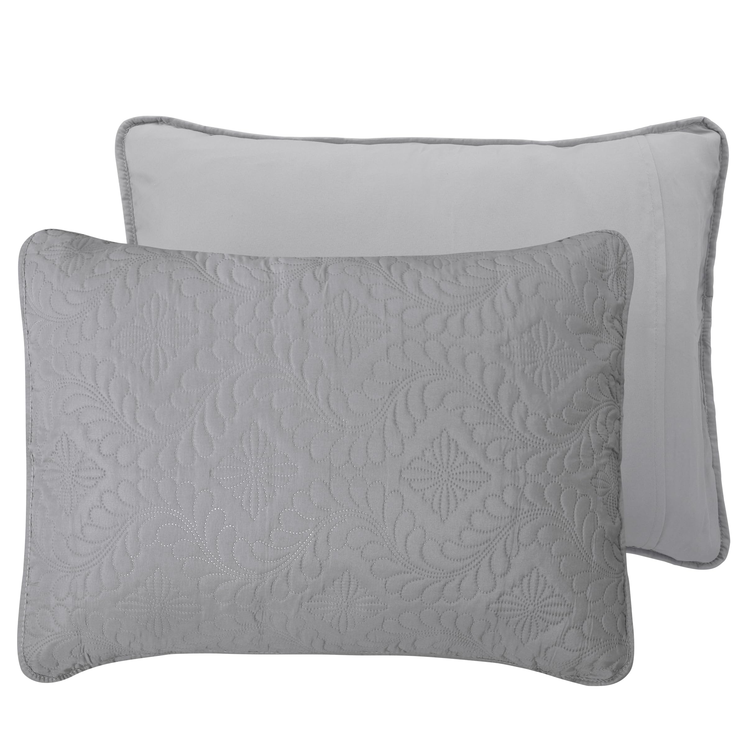 Easy-Going Full/Queen Size Reversible Quilt Set With 1 Quilt And 2 Pillow Shams, Soft Bed Quilt Cover, Water Resistant Lightweight Microfiber Bedspread, Stain Resistant, Olive Leaf-Light Gray/Ivory