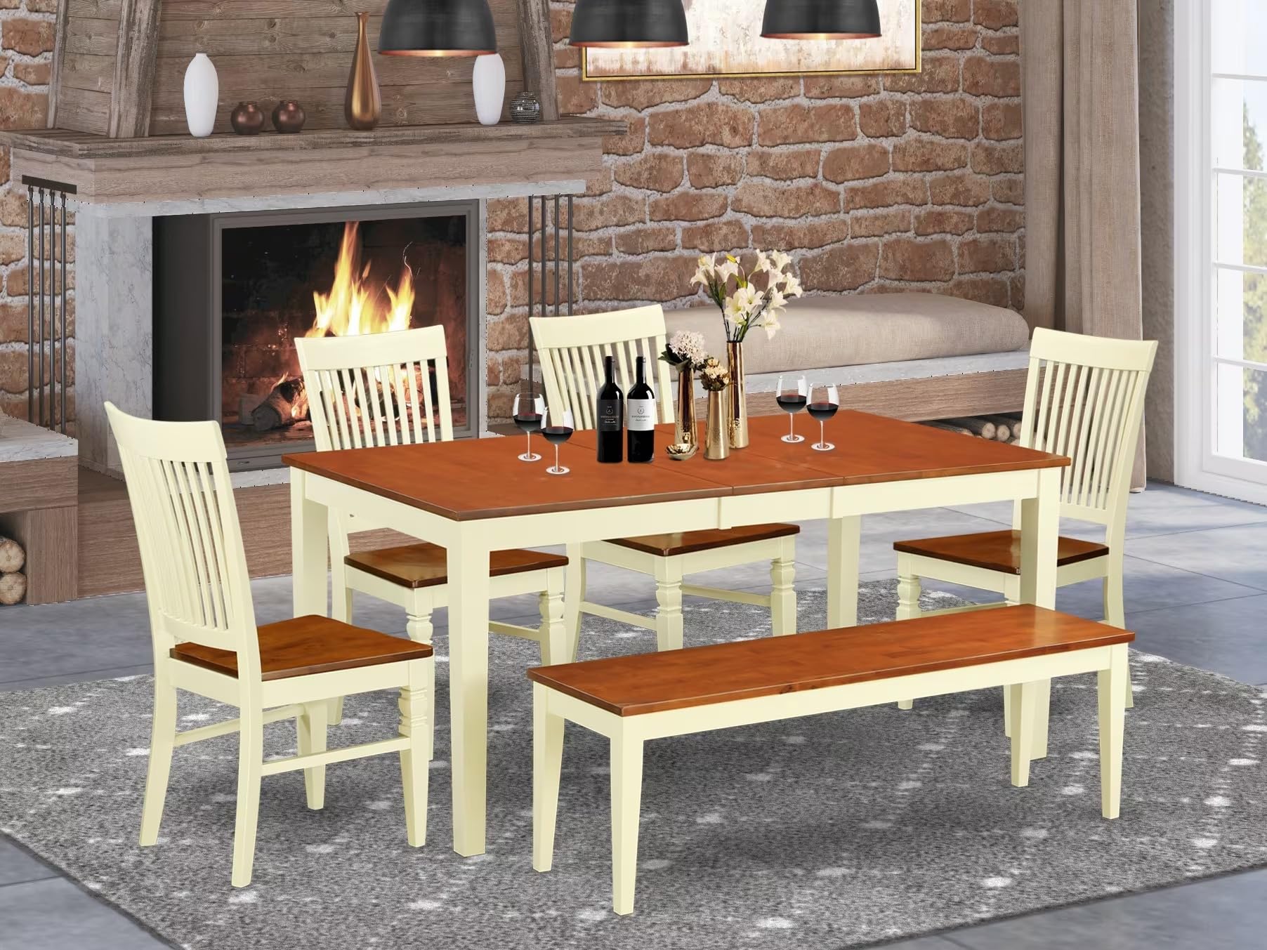 East West Furniture Niwe6-Bmk-W 6 Piece Kitchen Table Set Contains A Rectangle Dining Table With Butterfly Leaf And 4 Dining Chairs With A Bench, 36X66 Inch, Buttermilk & Cherry