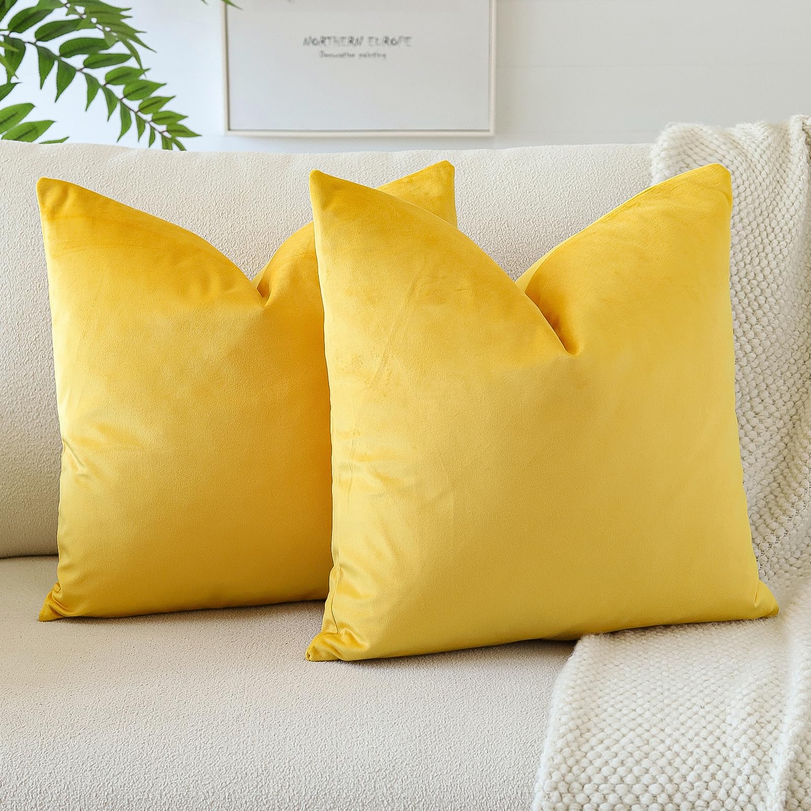 Otostar Pack Of 2 Velvet Soft Decorative Throw Pillow Covers 18 X 18 Inch Solid Square Cushion Case Couch Home Decor Pillow Covers For Sofa Bedroom Living Room (Orange Yellow)