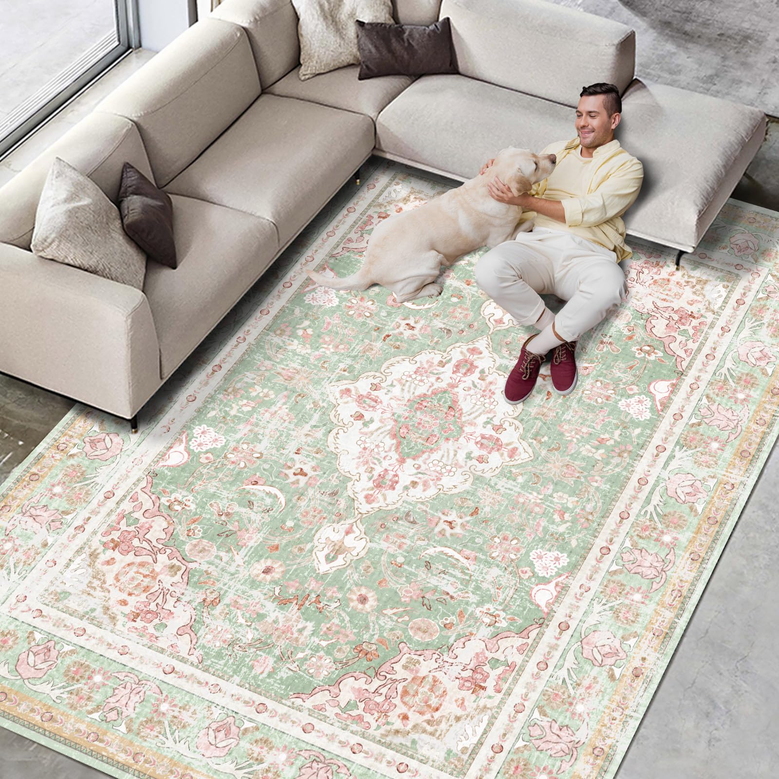 Vhong Washable Area Rugs Boho Vintage Modern Neutral Large Carpet Green and Pink High Traffic Rugs 5  7 for Dinning Room Living 