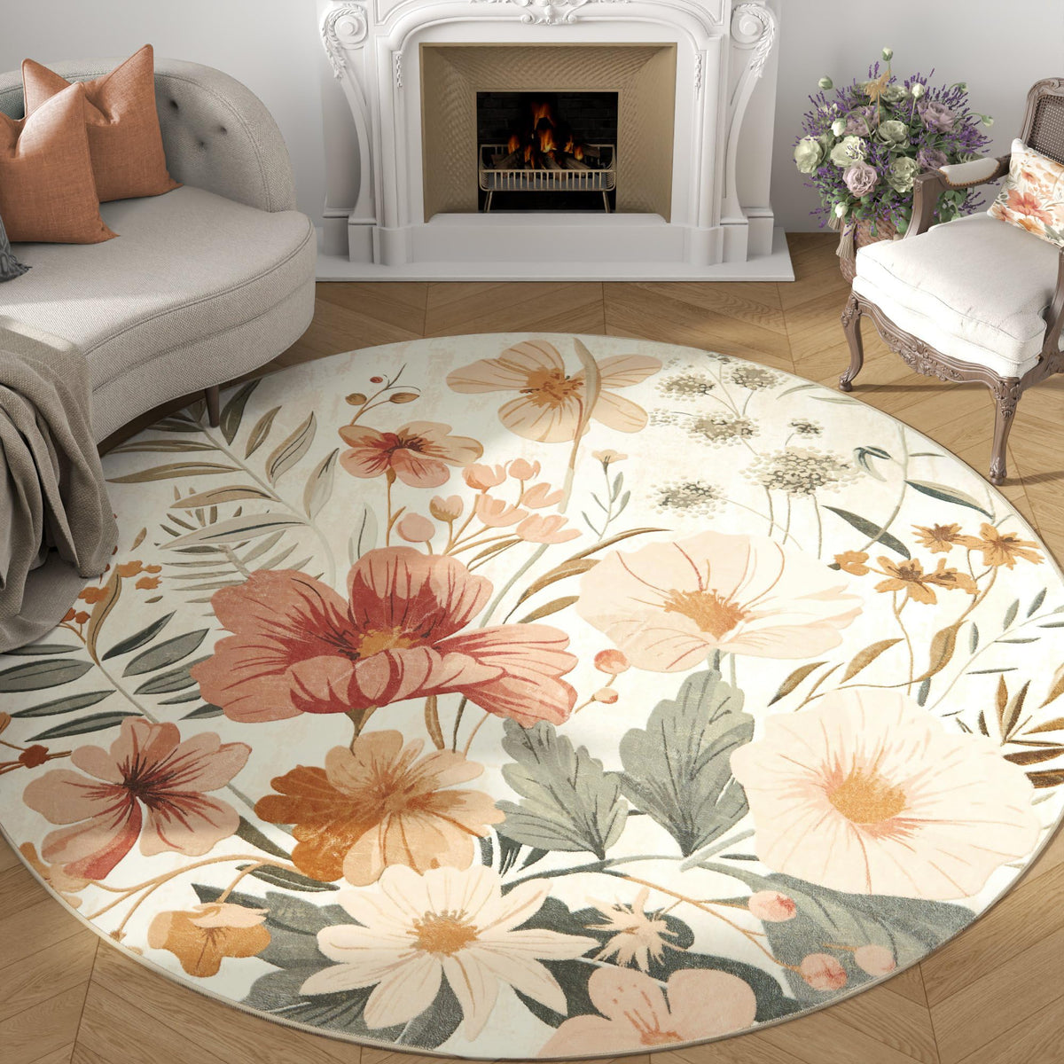 jinchan Round Rug 8ft Area Rug Indoor Floral Circle Rug 8' Round Washable Rug Modern Rug Oriental Flower Print Rug Non Slip Carp
