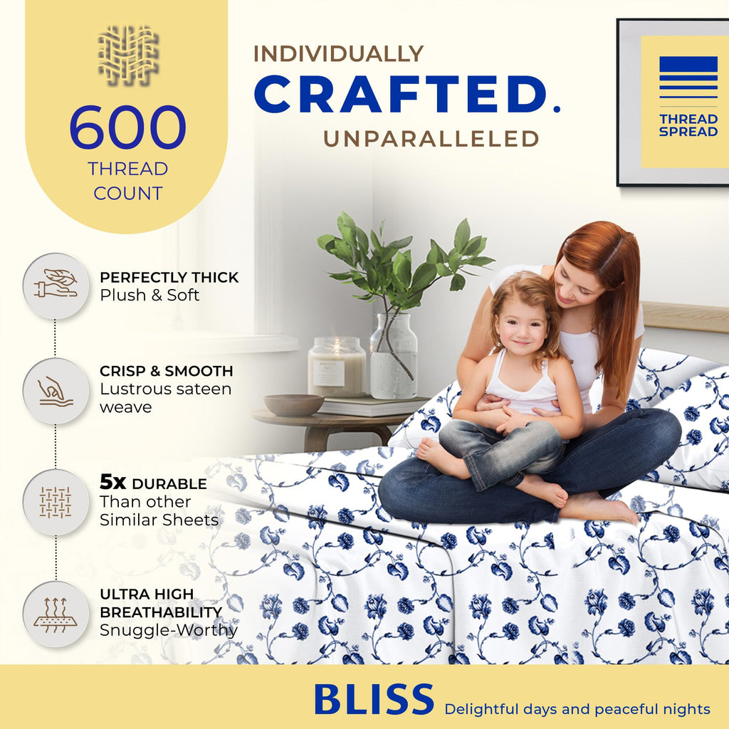 Thread Spread 100% Egyptian Cotton Printed Bed Sheets - 600 Thread Count 4 Pc Full Sheet Set, Hotel Luxury Sateen Bedsheets, 16' Deep Pocket Soft Cooling Sheets For Full Size Bed - Floral Blue