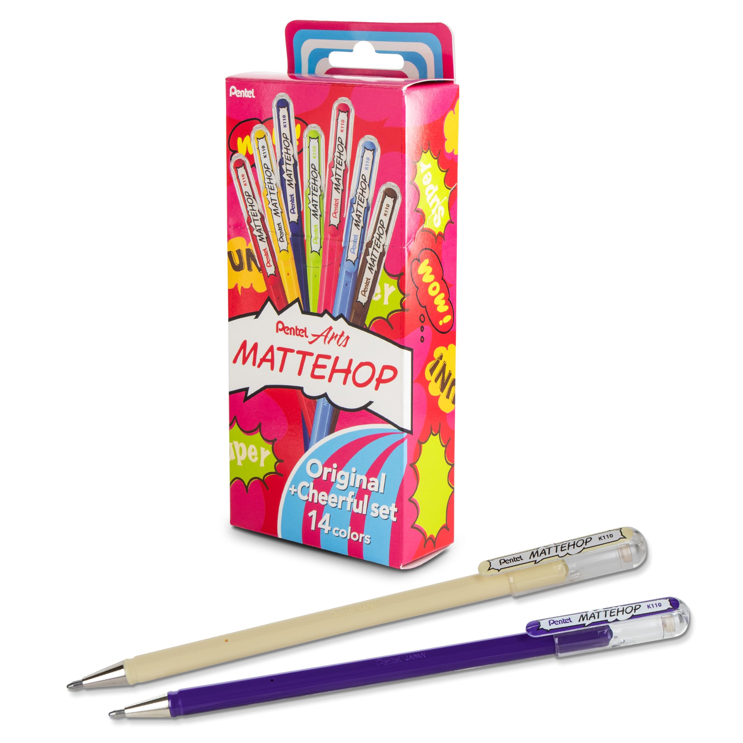 Pentel Mattehop Gel Pens, Original + Cheerful Colors Box Set, (1.0Mm), Bold Line, 14 Assorted Colors (K110-V14St)