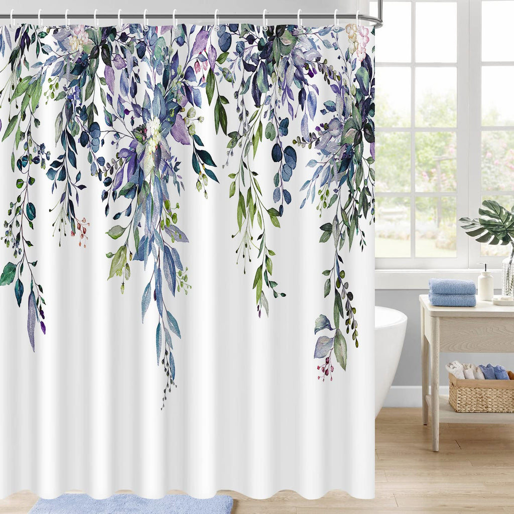 Nuseiis Blue Purple Eucalyptus Leaves Shower Curtains, Fabric Shower Curtain Modern Shower Curtain Sets, Stylish Floral Backgrou