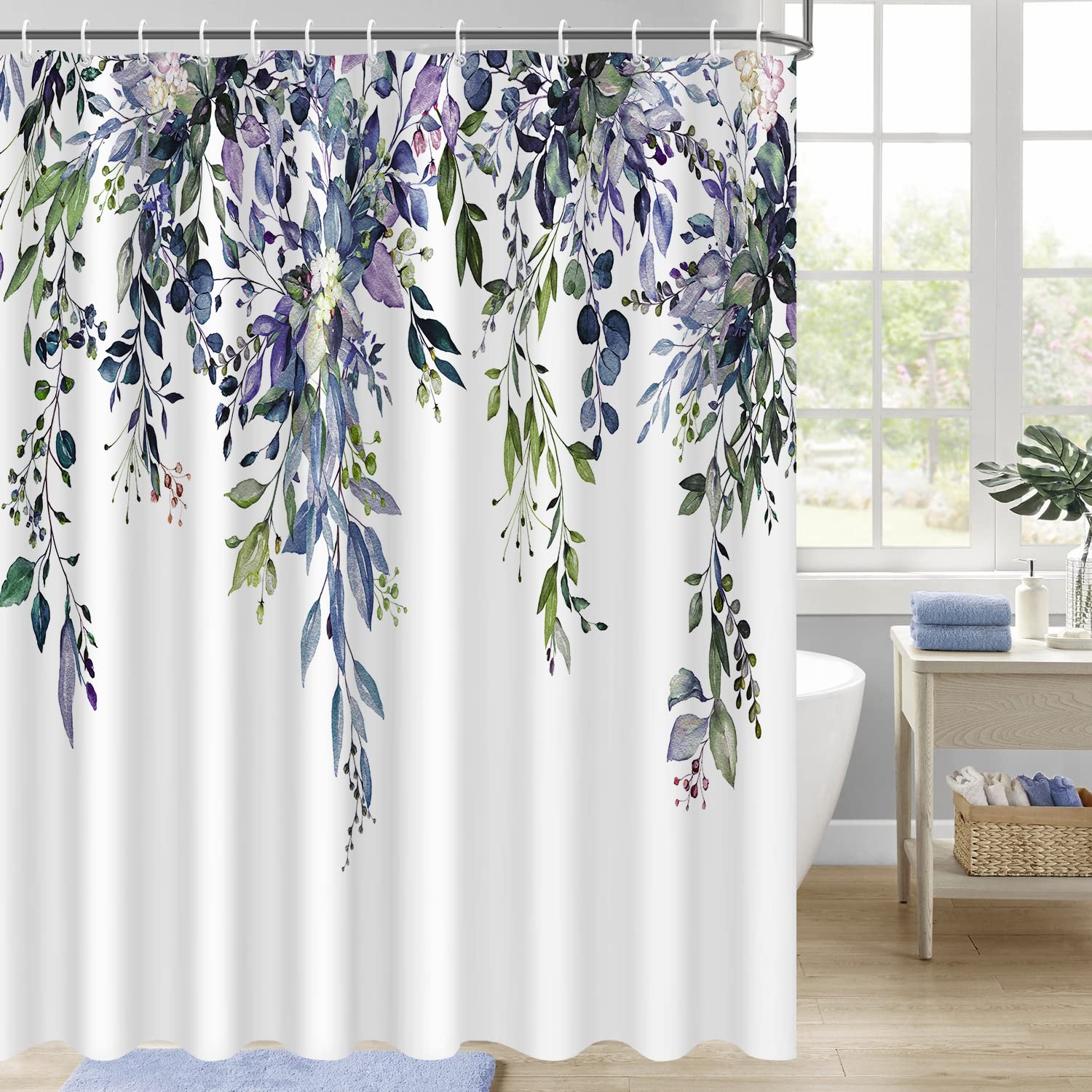 Nuseiis Blue Purple Eucalyptus Leaves Shower Curtains, Fabric Shower Curtain Modern Shower Curtain Sets, Stylish Floral Backgrou