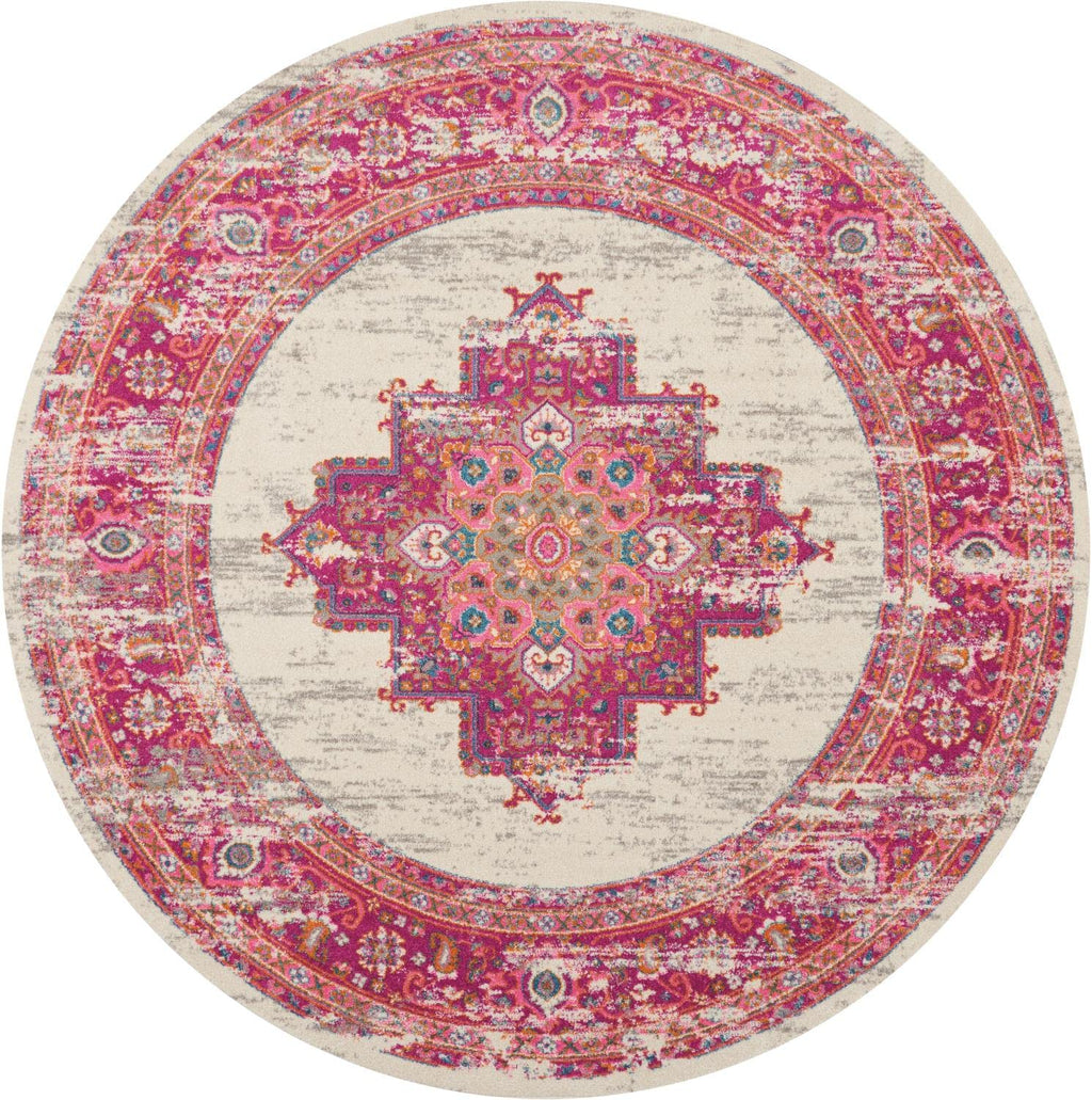 Nourison Passion Ivory/Fuchsia 8' x Round Area-Rug, Boho, Traditional, Easy-Cleaning, Non Shedding, Bed Room, Living Room, Hallw