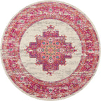 Nourison Passion Ivory/Fuchsia 8' x Round Area-Rug, Boho, Traditional, Easy-Cleaning, Non Shedding, Bed Room, Living Room, Hallw