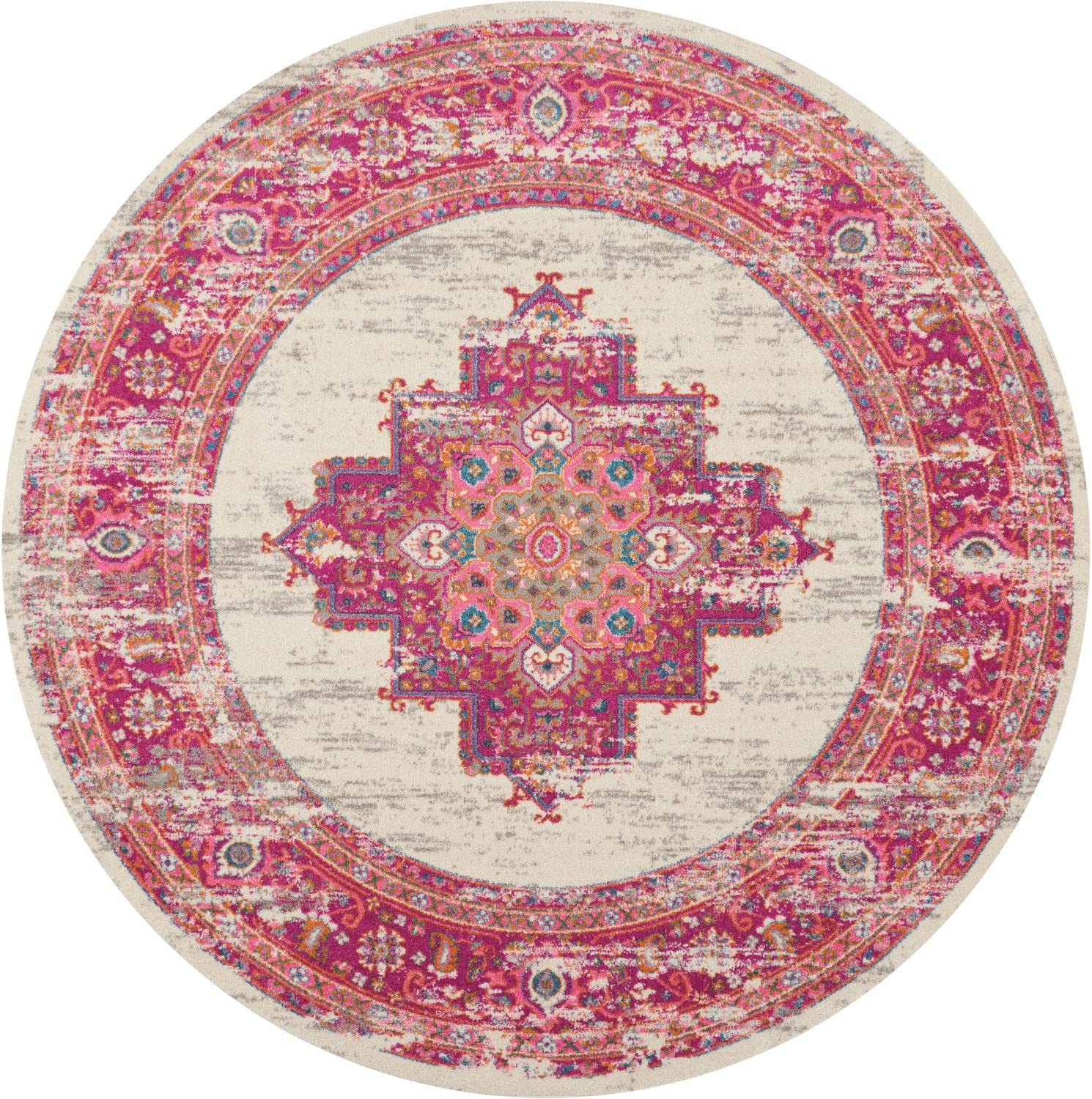 Nourison Passion Ivory/Fuchsia 8' x Round Area-Rug, Boho, Traditional, Easy-Cleaning, Non Shedding, Bed Room, Living Room, Hallw