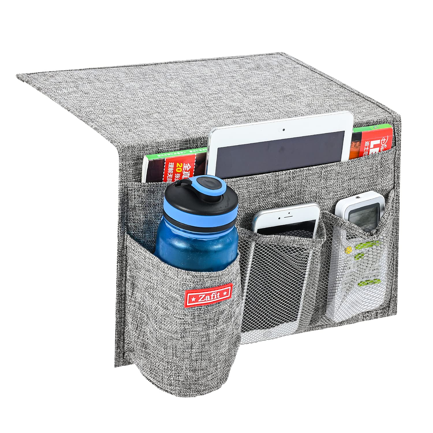 Zafit Linen 4 Pockets Bedside Caddy, Bedside Storage Organizer with Water Bottle Holde for Magazine, Remotes, Phone (Grey)