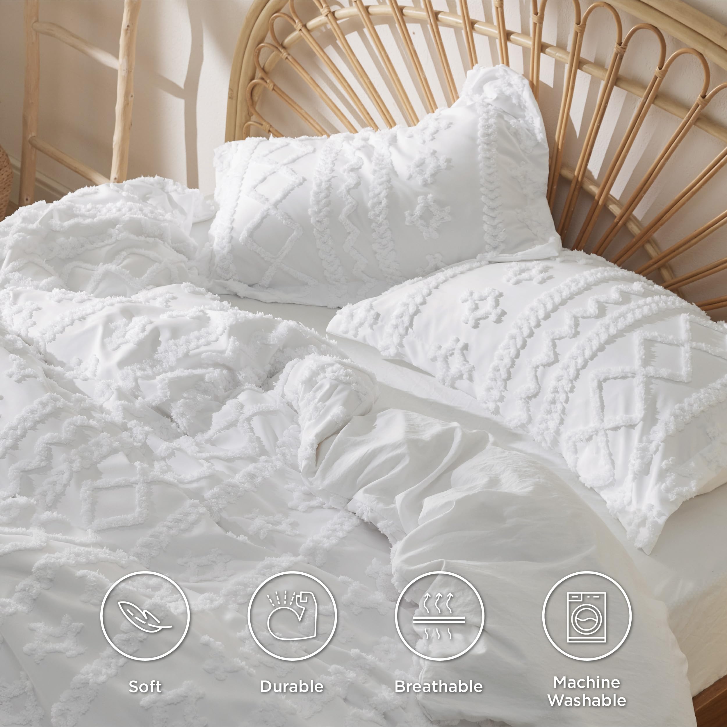 Bedsure Boho Duvet Cover Full Size - Tufted Duvet Cover Full Size For All Seasons, 3 Pieces Soft Shabby Chic Embroidery Boho Bedding Duvet Cover For Gifts (White, Full, 90X80)