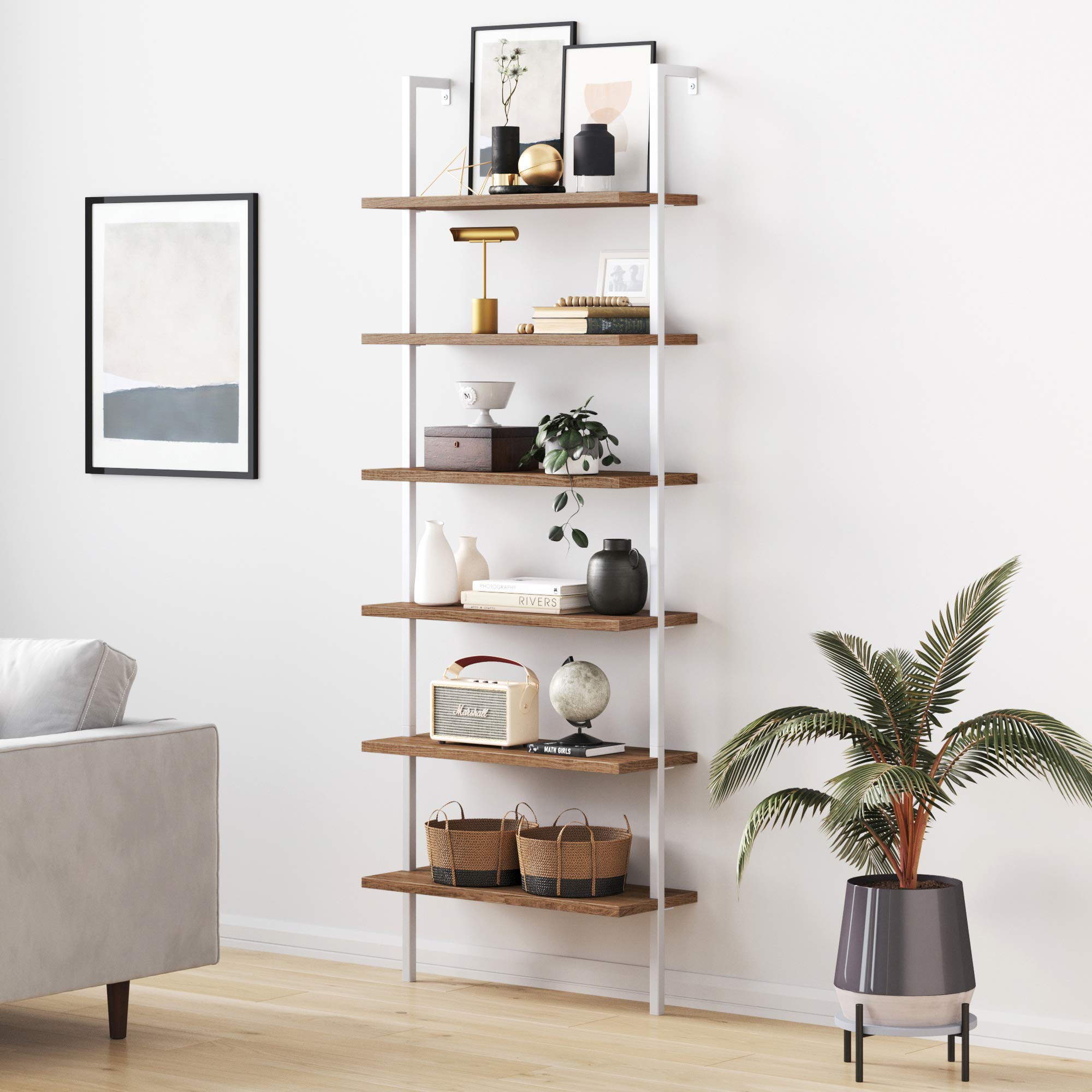 Nathan James Theo 6-Shelf Tall Bookcase, Wall Mount Bookshelf with Natural Wood Finish and Industrial Metal Frame, Rustic Oak/Wh