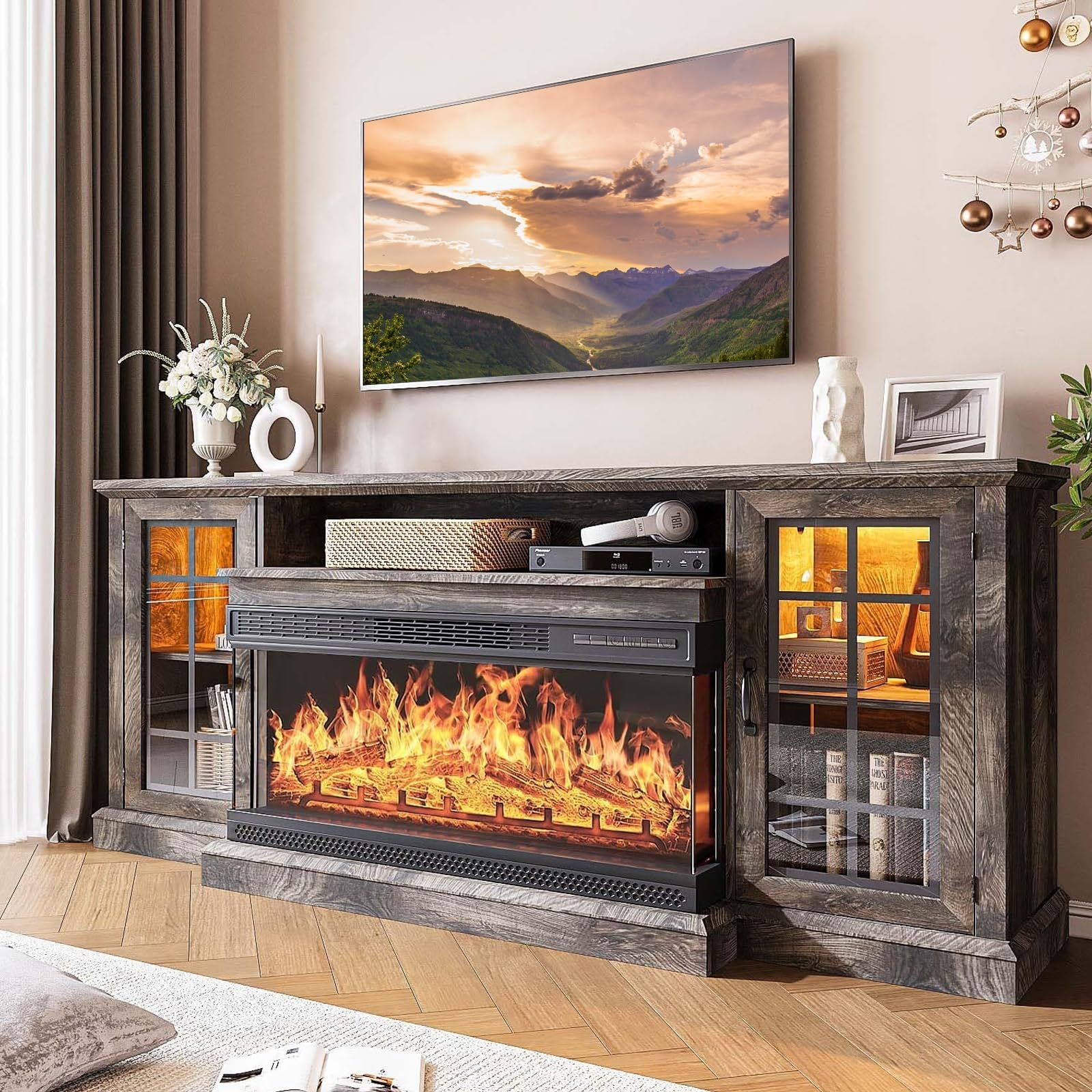 oneinmil 36 Inch 3-Sided Glass Fireplace TV Stand for TVs up to 80, Rustic Media Entertainment Center Console Table with Glass D