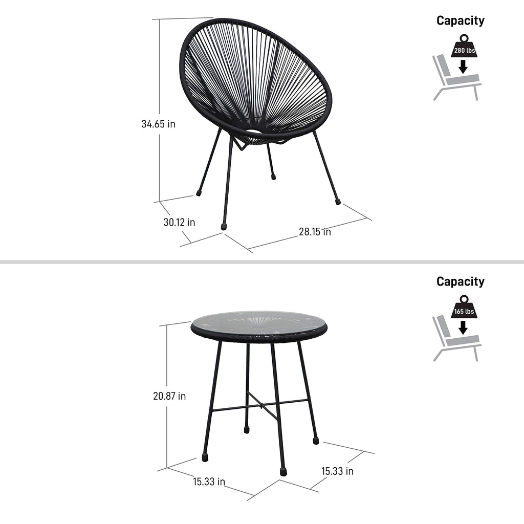 DUKAP Sassio 3 Piece Patio Seating Set with Two Chairs and One Coffee Table, Outdoor Conversation Seats with Weather and Water Resistance, Spacious Porch Furnitures for Ultimate Comfort | Black