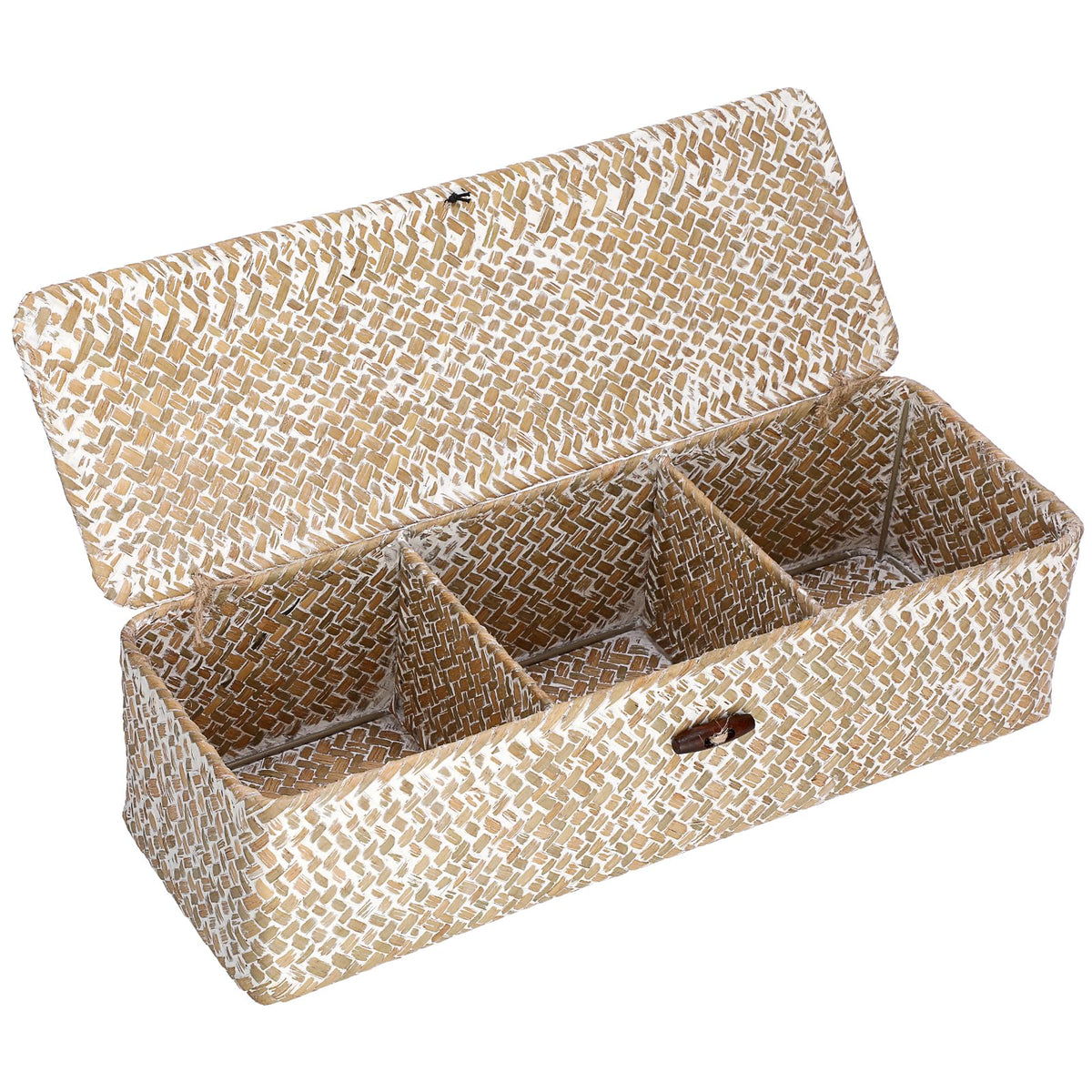 Hipiwe Storage Basket with Lid 3 Sections Handwoven Seagrass Basket Rectangular Closet Organizer Bin Multipurpose Storage Box fo