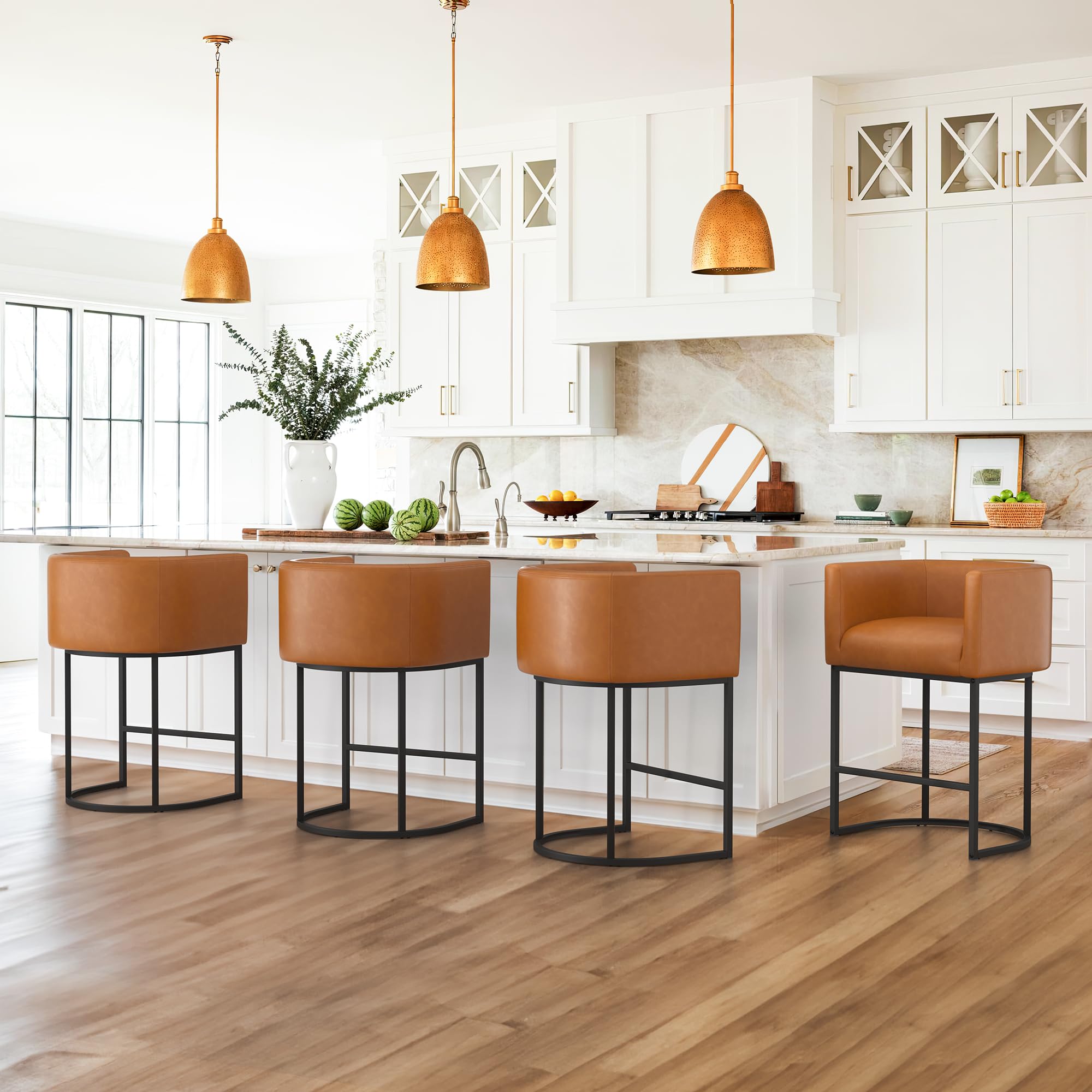 LUE BONA 27'' H Counter Height Bar Stools Set of 4, Modern Barrel Counter Stools with Backrest and Arms, Black Metal Frames,Faux