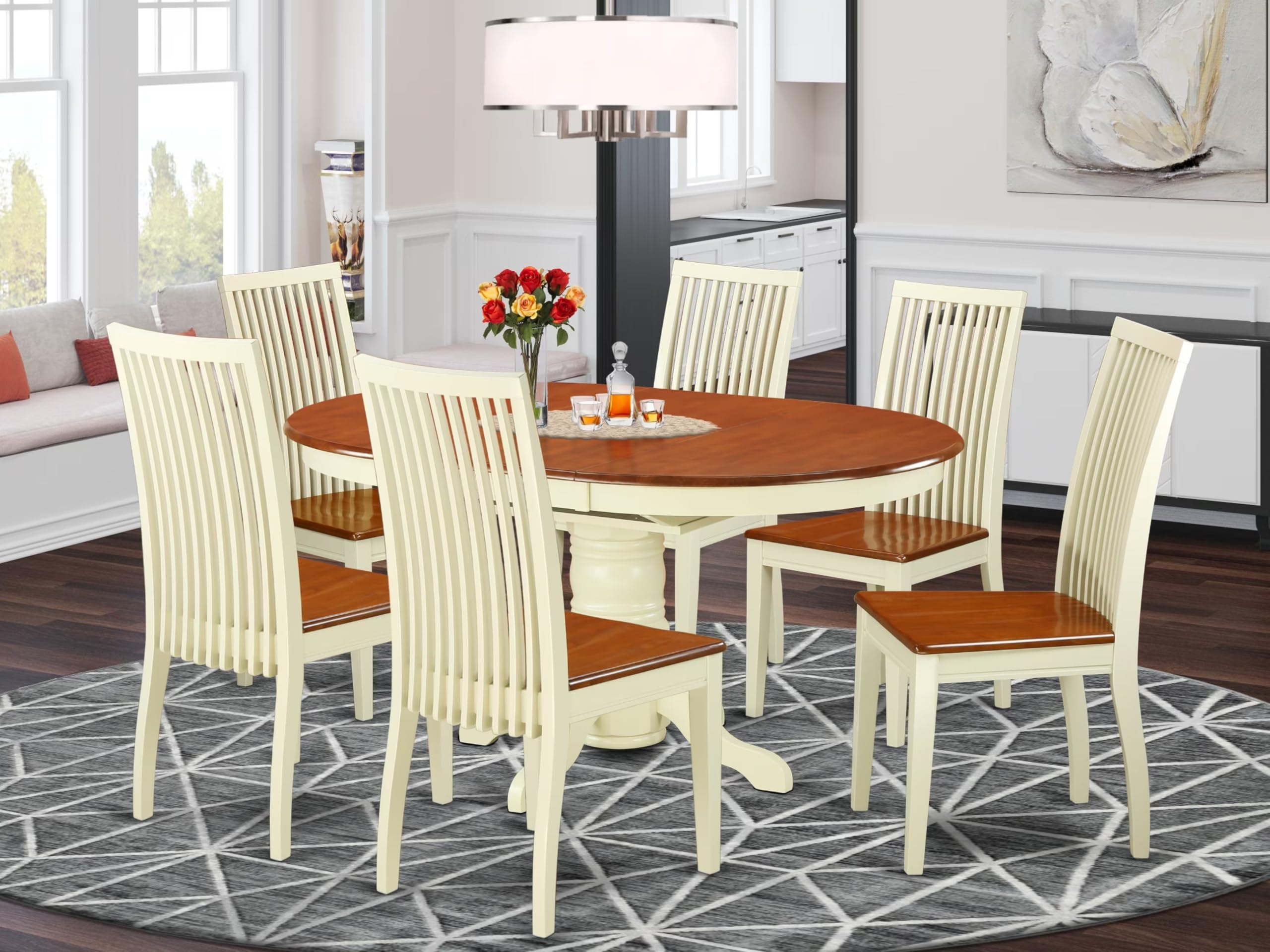 East West Furniture AVIP7-BMK-W Dining Room Table Set - 6 Wood Dining Chairs with Wooden Seat - A Wonderful Butterfly Leaf Modern Dining Table (Cherry & Buttermilk Finish)
