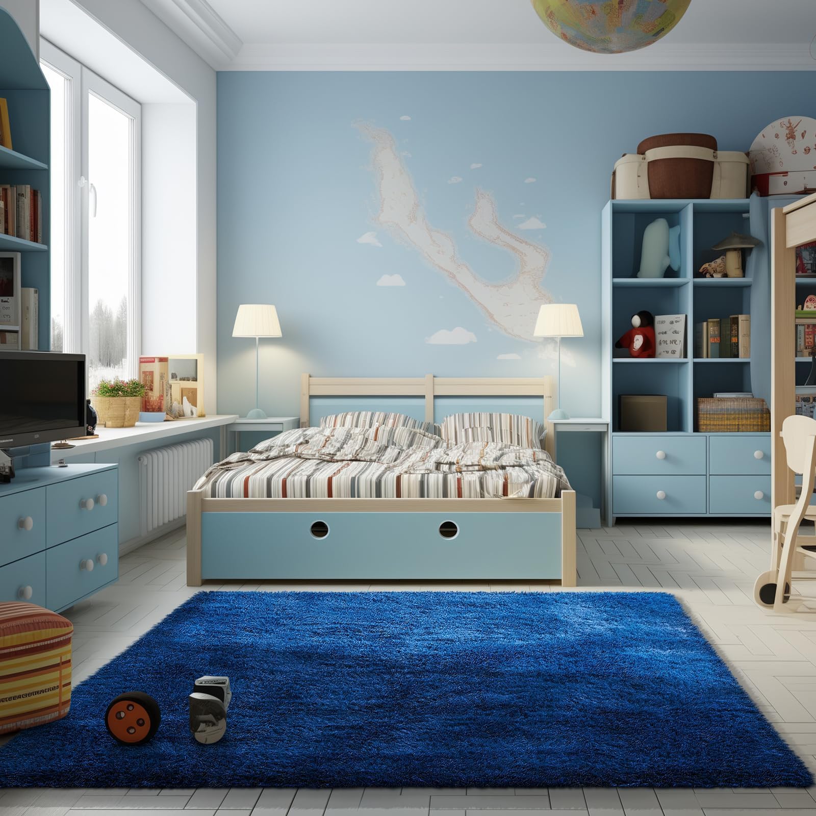 Ophanie Blue Rug, Boys 4x6 Rugs for Bedroom Royal Dark Blue Carpet Nursery Aesthetic, Kids Playroom Navy Area Rugs for Girls Tee