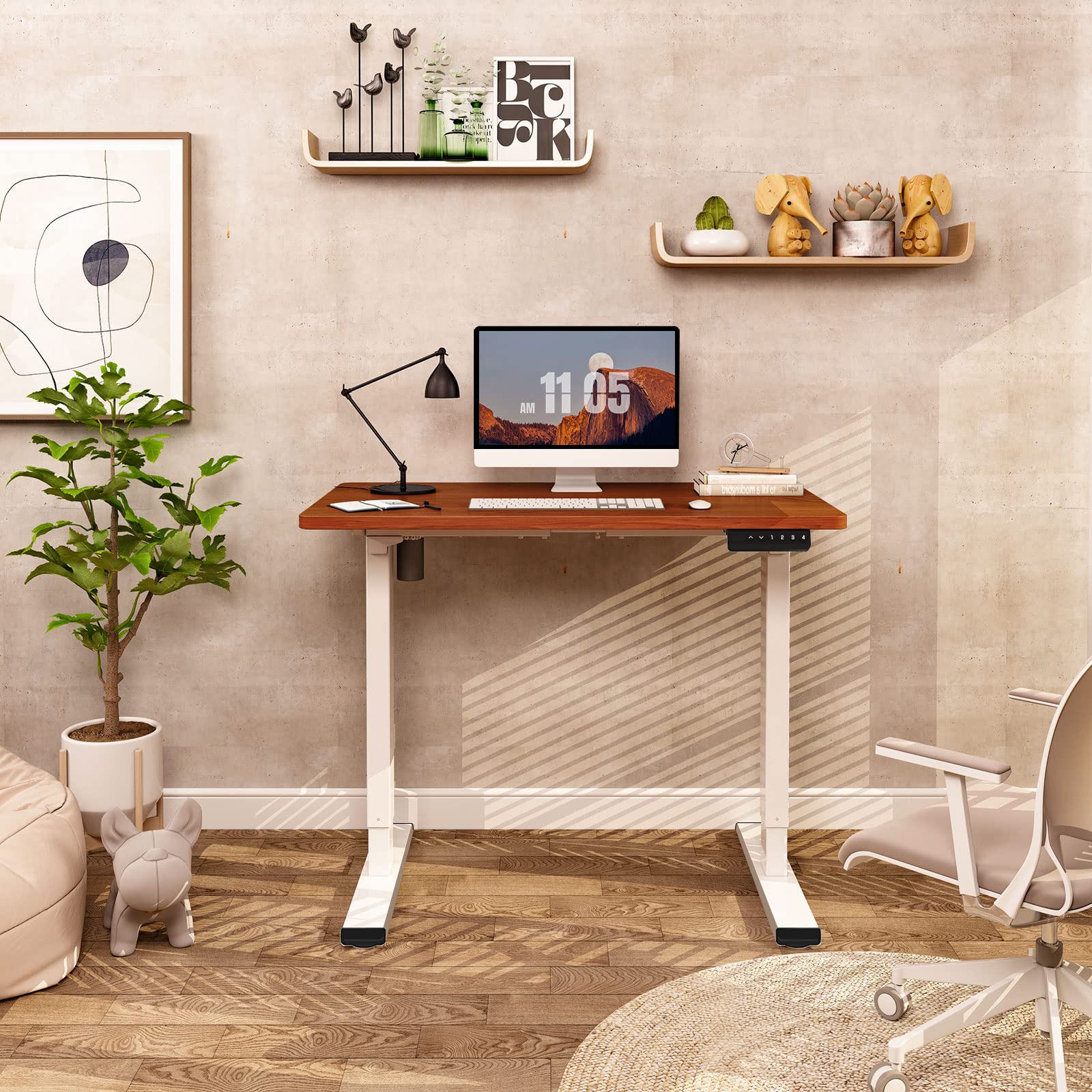 Flexispot En1 Essential Adjustable Height Desk Electric 40 Inch X 24 Inch Whole-Piece Desktop Small Standing Desk Ergonomic Memory Controller (White Frame + 40 Inch Mahogany Desktop)