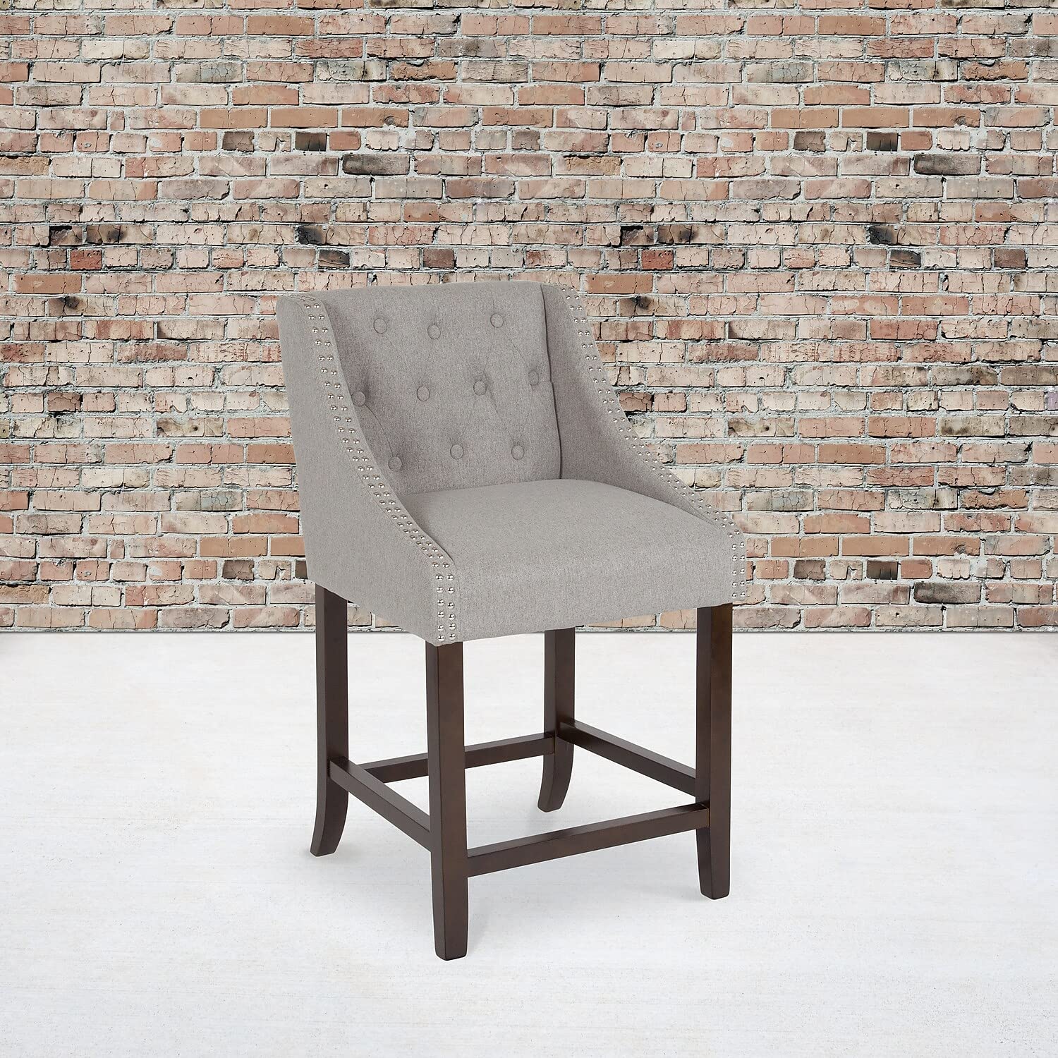 Flash Furniture Carmel Series 24' High Transitional Tufted Walnut Counter Height Stool With Accent Nail Trim In Light Gray Fabric