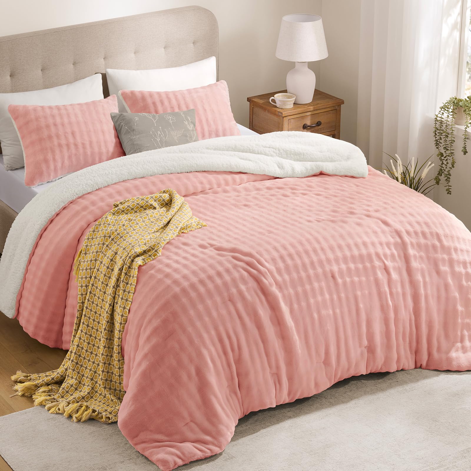 Downluxe Fluffy Sherpa & Fleece Puff Grid Comforter Set Queen  Light Pink 3 Pieces Bedding, Super Soft Warm Bed Set For Winter 
