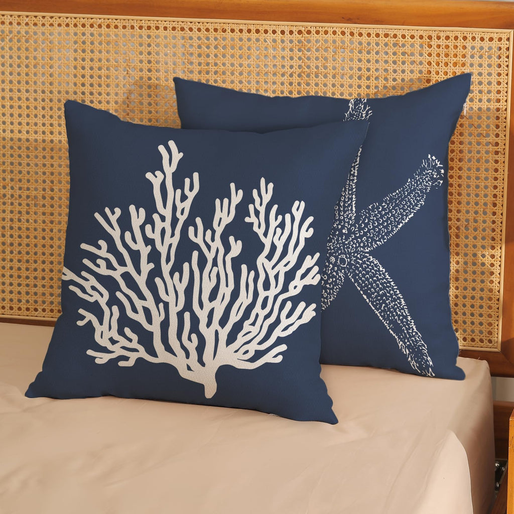 Golianda Navy Blue Coral Starfish Pillow Covers 16X16 Inch Set Of 2 Coastal Throw Pillows Spring Summer Nautical Beach Ocean Dec
