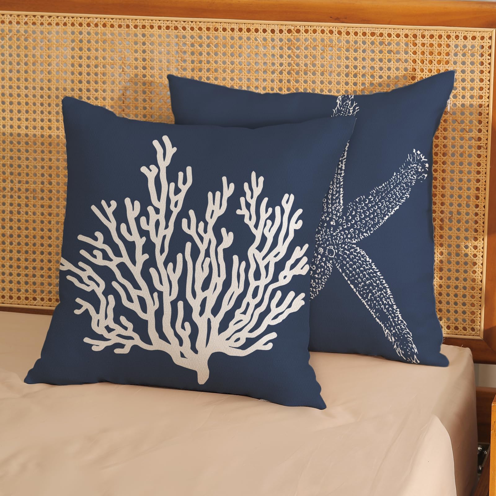 Golianda Navy Blue Coral Starfish Pillow Covers 16X16 Inch Set Of 2 Coastal Throw Pillows Spring Summer Nautical Beach Ocean Dec