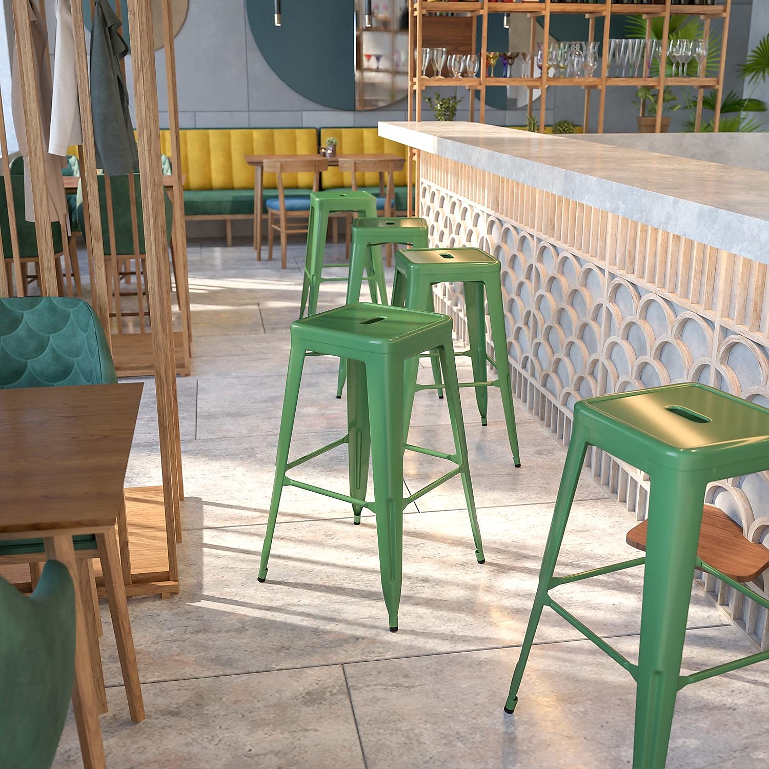 30 Inch Ht Backless Green Metal Indoor/Outdoor Barstool, Square Seat