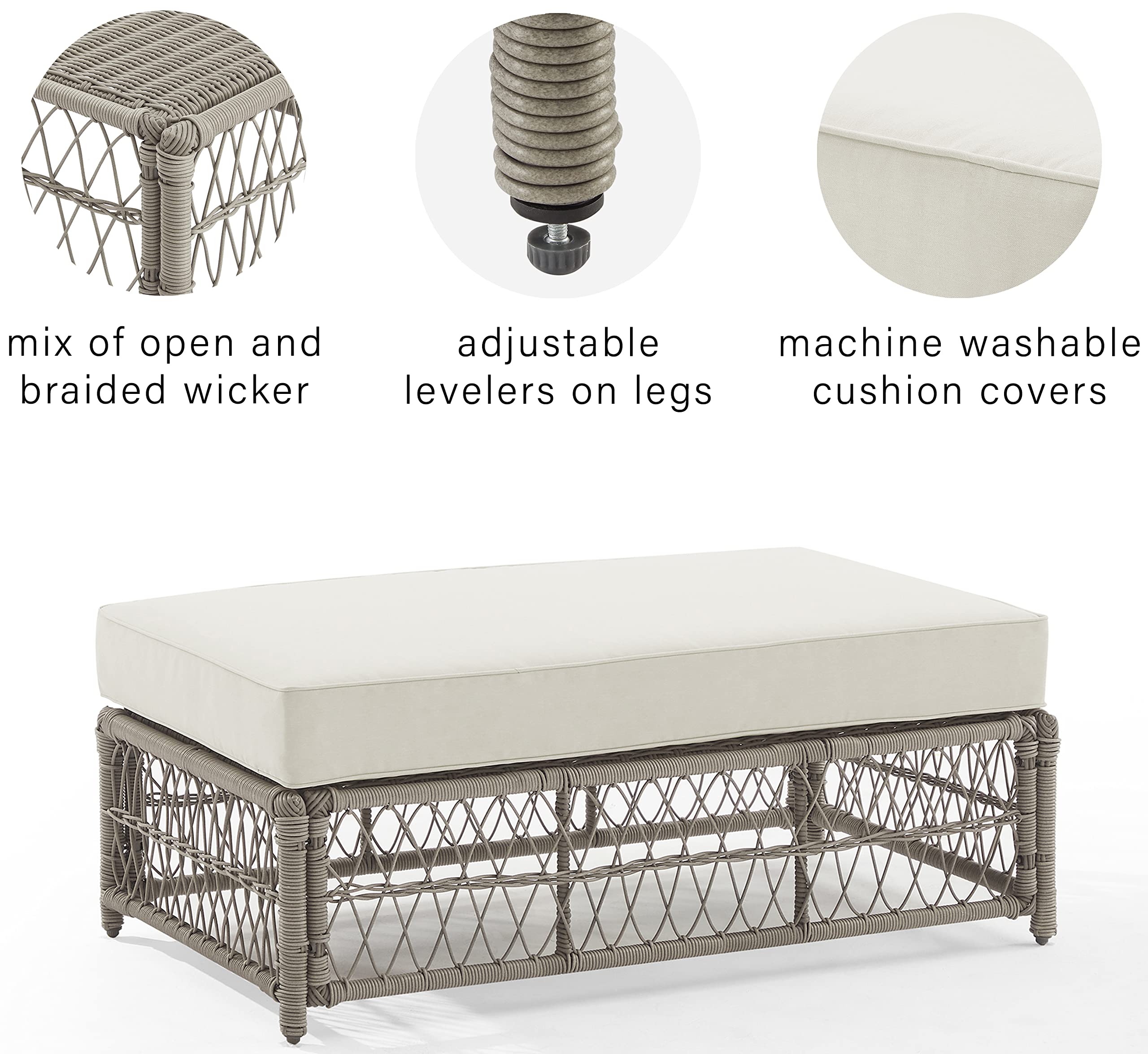 Crosley Furniture Ko70433Dw-Cr Thatcher Outdoor Wicker Coffee Table Ottoman, Driftwood With Creme Cushions