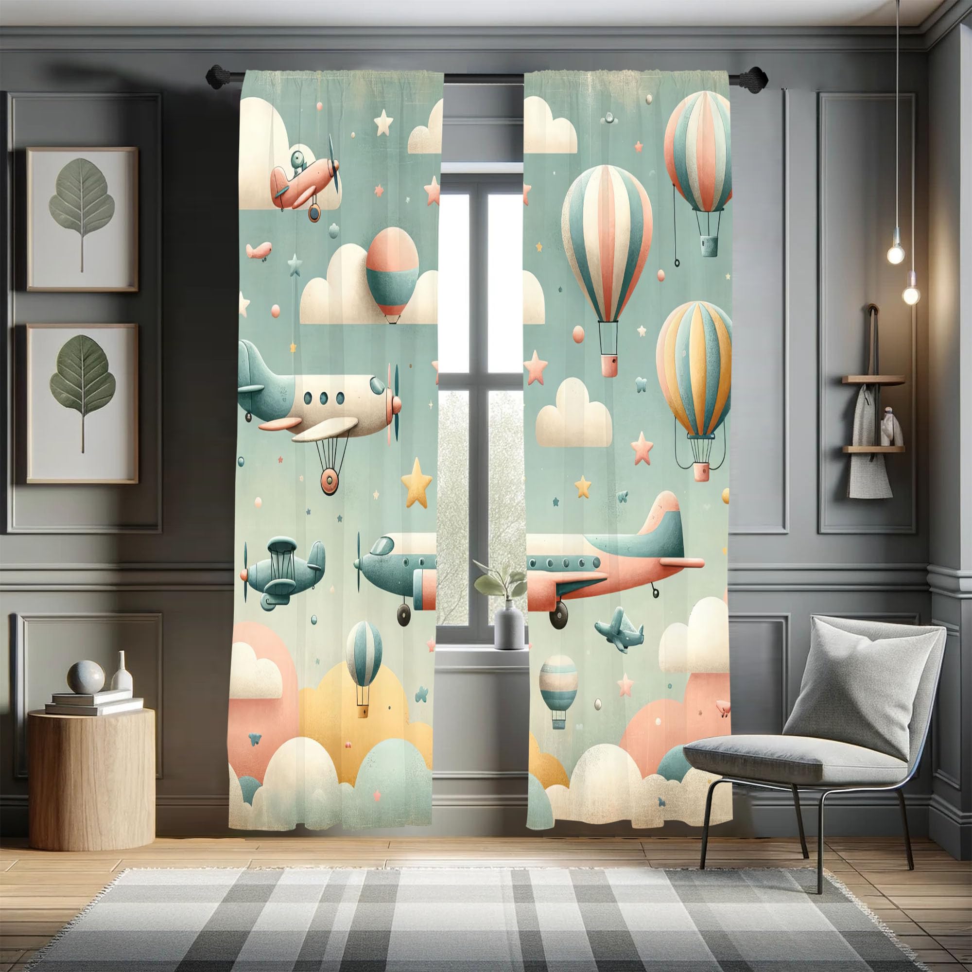 Ambesonne Planes Window Curtains Pack Of 2, Cartoon Sky Scenario With Clouds Aircrafts Balloons Starry Atmosphere, Lightweight S