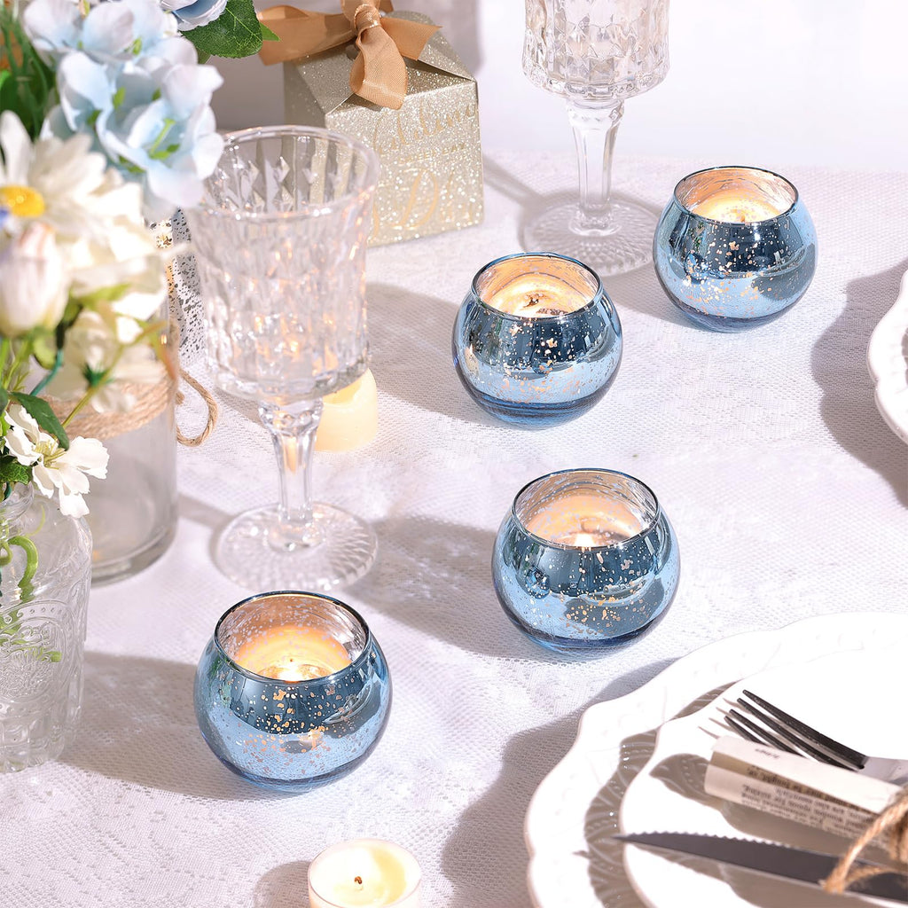 12 Pcs Blue Votive Candle Holders- Mercury Glass Votives Tealights Holders, Blue Candle Holders Blue Centerpieces For Blue Brida