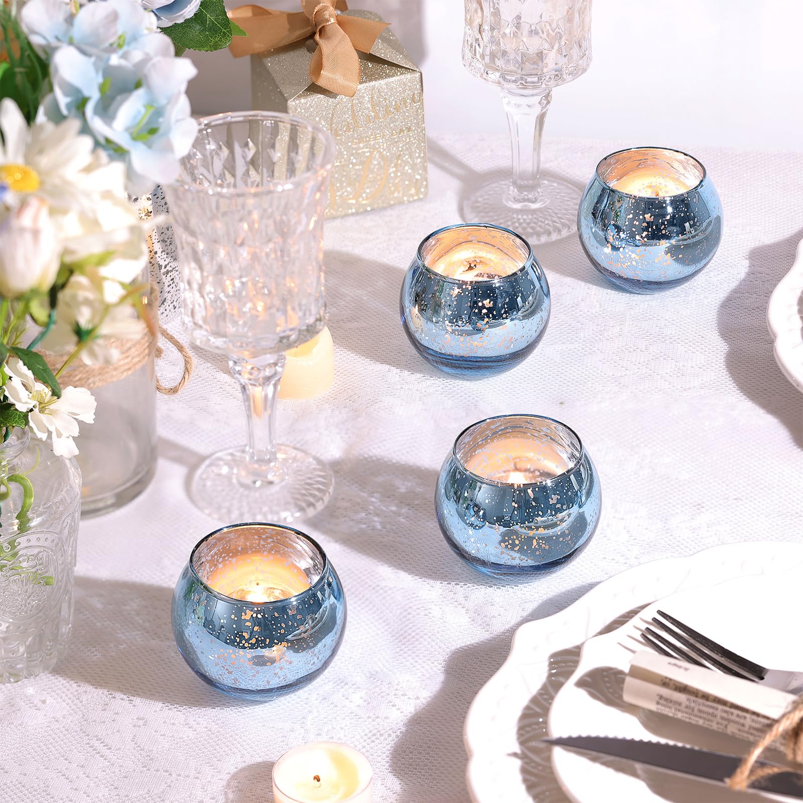 12 Pcs Blue Votive Candle Holders- Mercury Glass Votives Tealights Holders, Blue Candle Holders Blue Centerpieces For Blue Brida