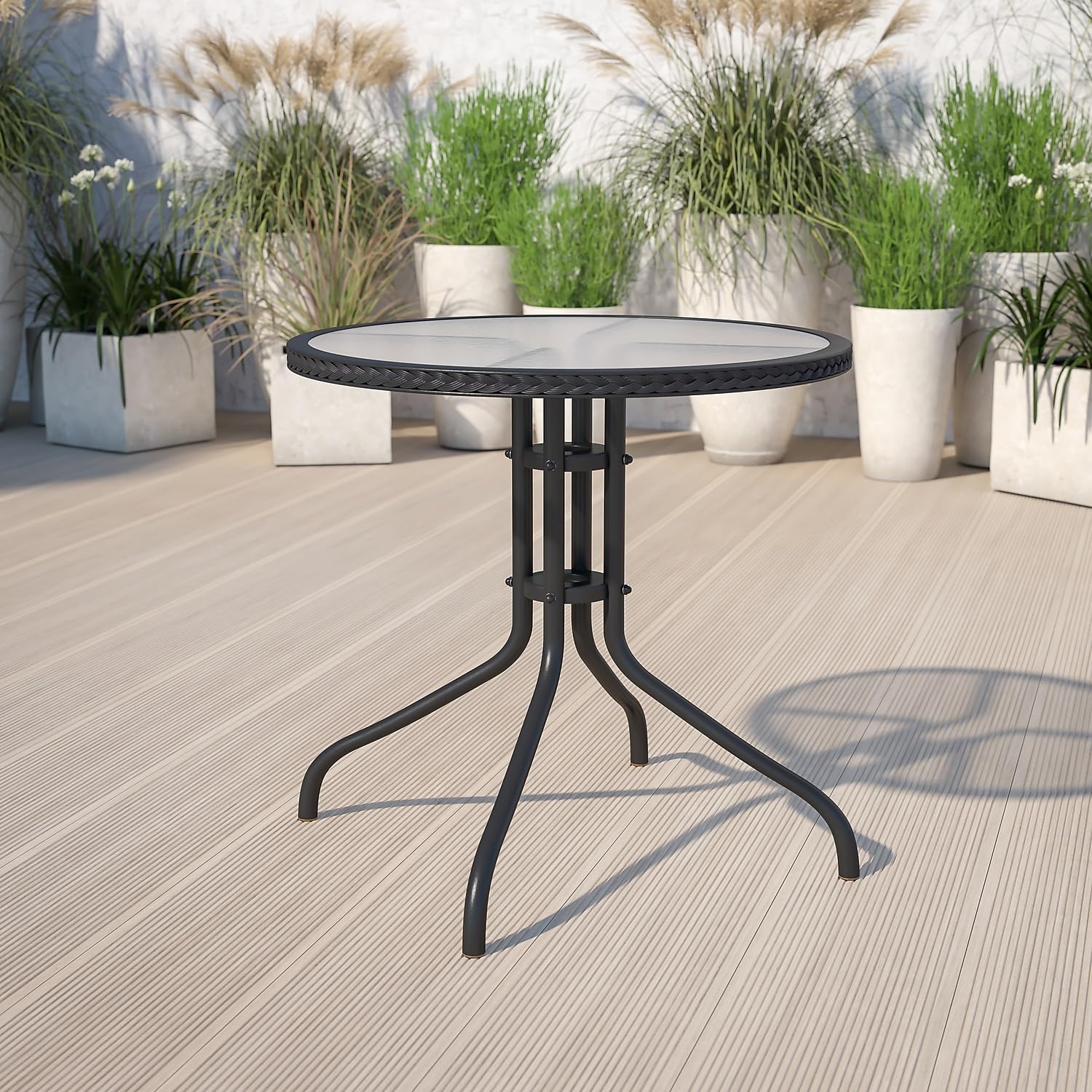Flash Furniture Barker 28'' Round Tempered Glass Metal Table With Black Rattan Edging