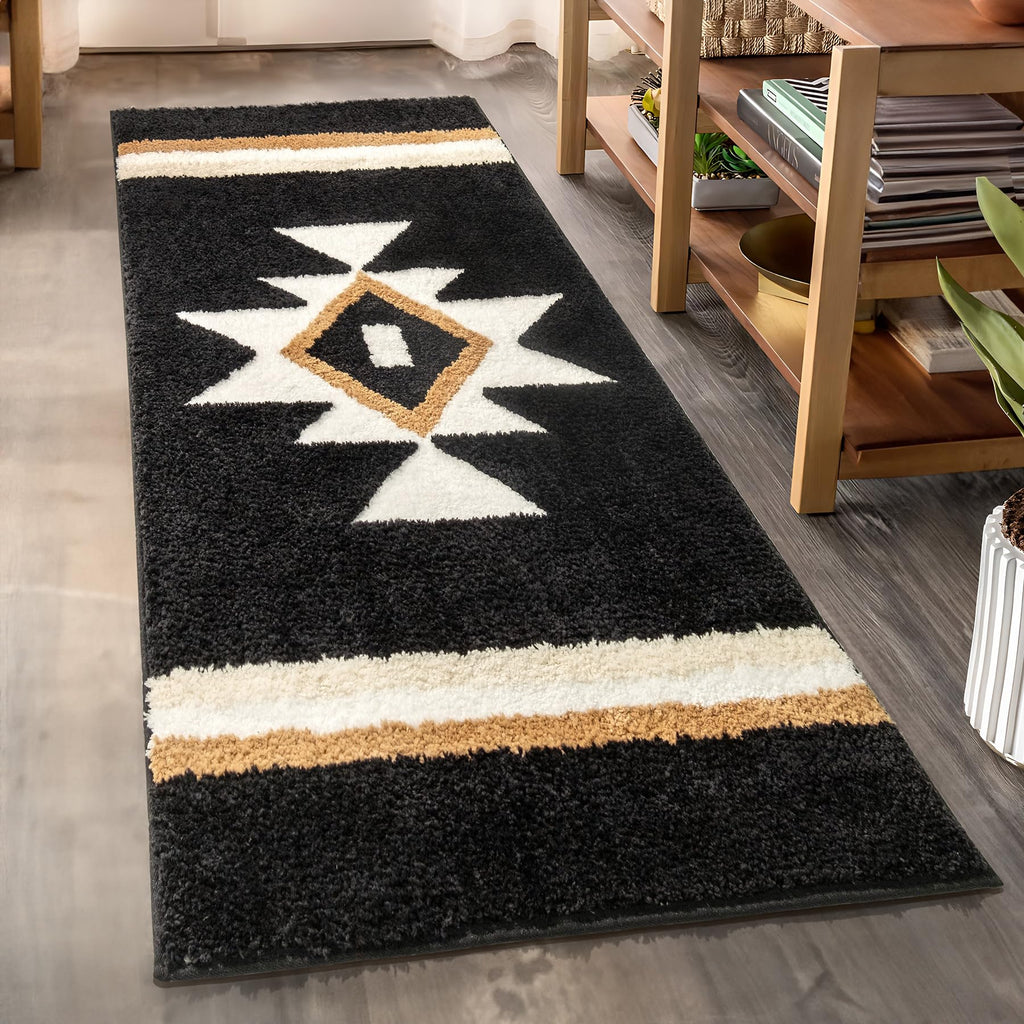 TANVILL Boho Bathroom Rugs Runner Black Aztec Bath Mat Non Slip Long Bath Rug Soft Absorbent Microfibe Large Floor Mat for Bathr