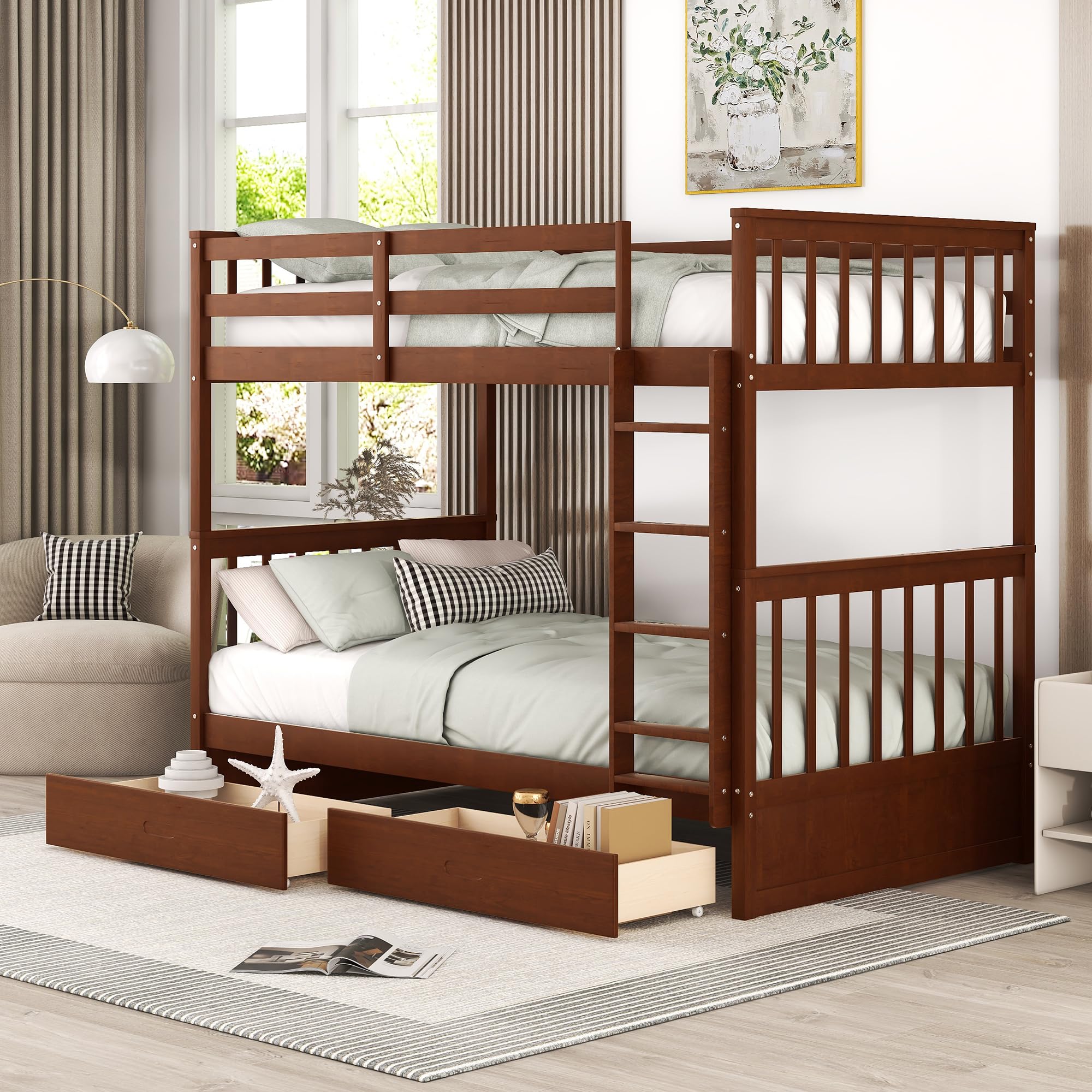 Merax Wood Bunk Bed With Drawers, Twin Over Twin Size Convertible Wood Bunk Bed With Ladders And Two Storage Drawers,Solid Wood Detachable Bunk Bed Frame With Ladders, Walnut