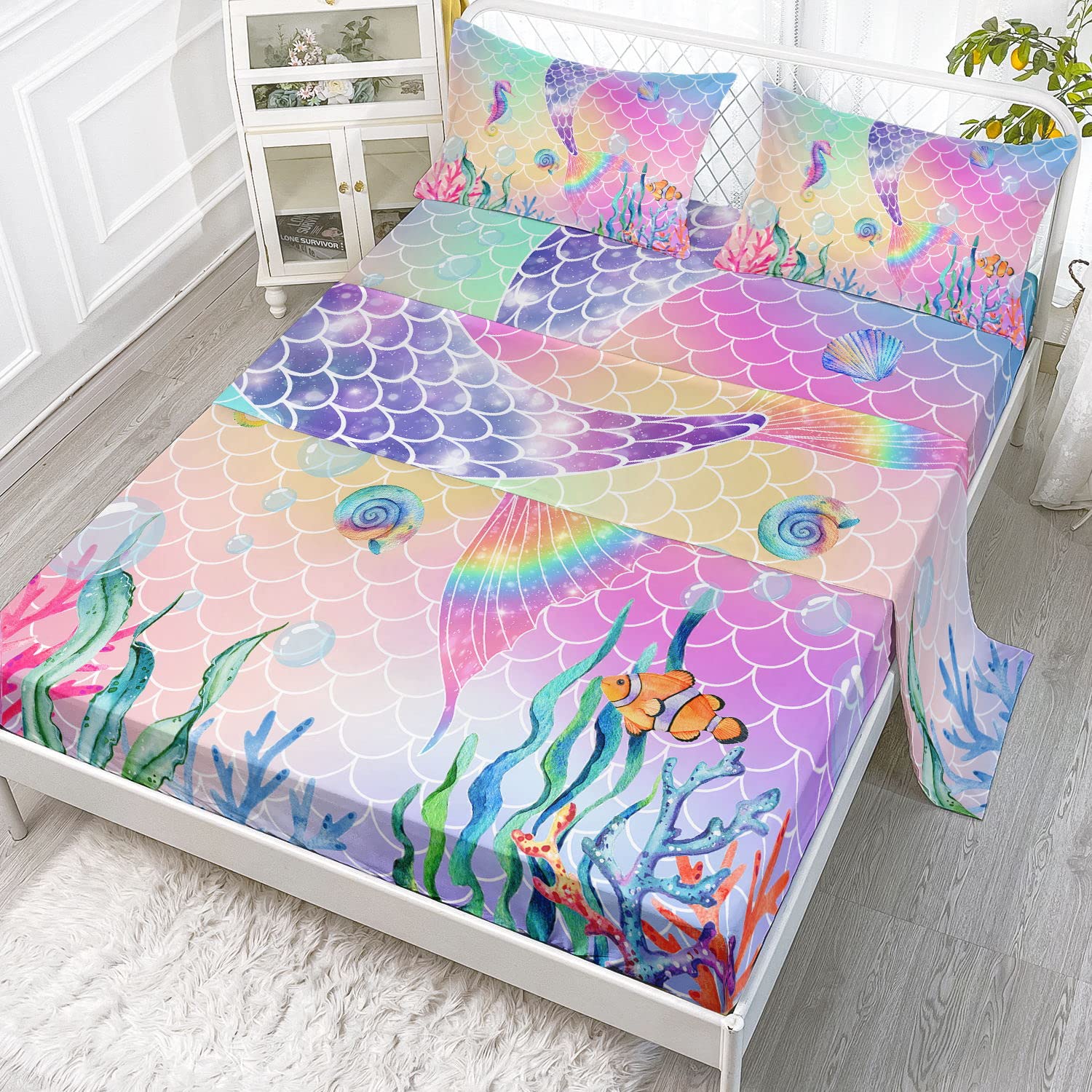 Datura Home Sheet Set 4Pcs Fitted Sheet And Flat Sheet Set Girls Rainbow Pink Mermaid Tail Printed Sheet Set With 1 Flat Sheet A