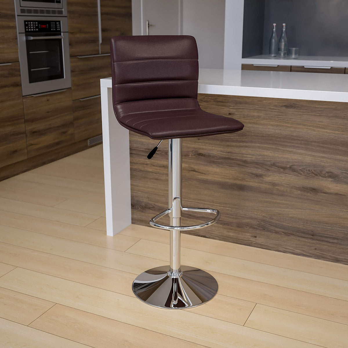 Flash Furniture Vincent Modern Brown Vinyl Adjustable Bar Stool with Back, Swivel Stool with Chrome-Pedestal Base and Footrest