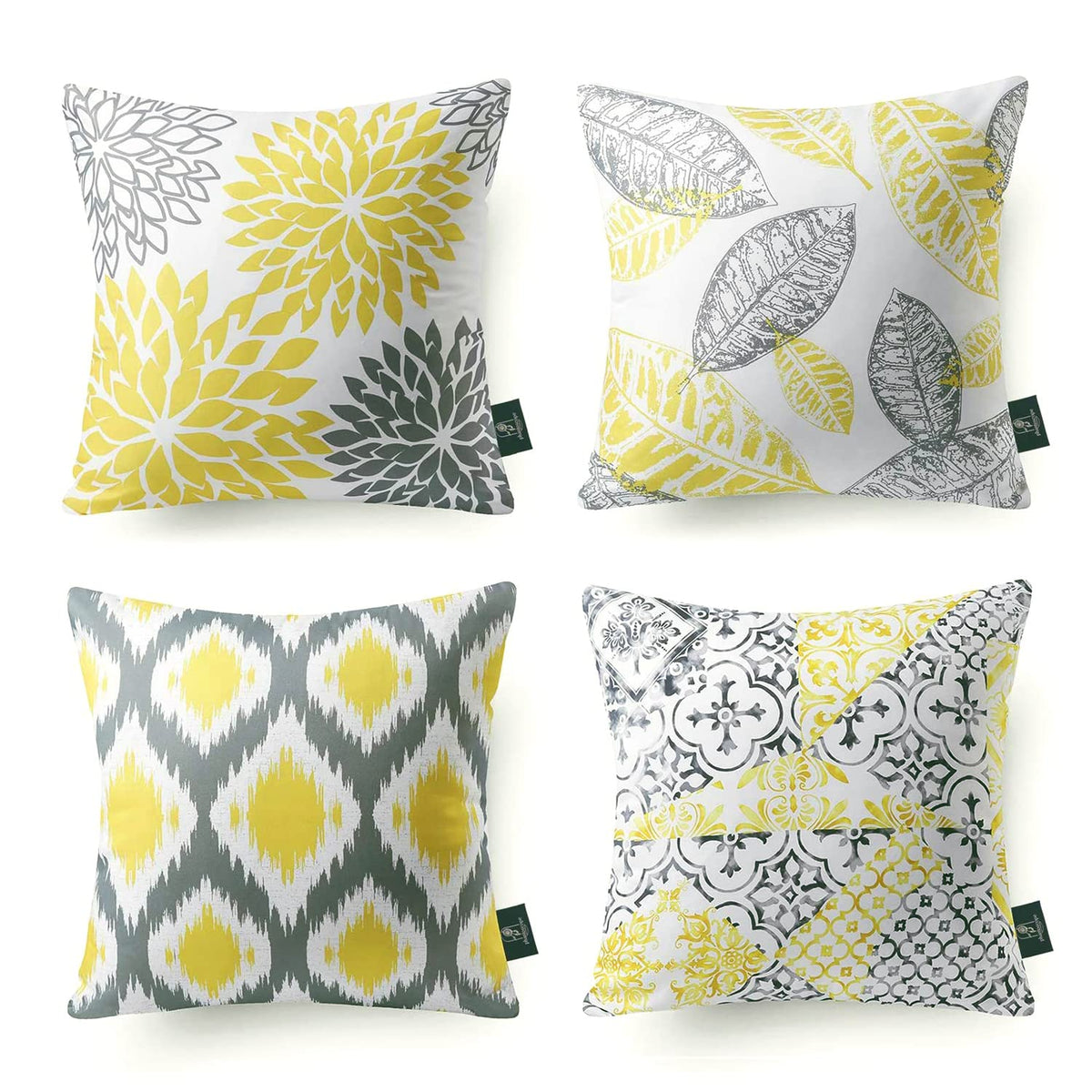 Phantoscope Set Of 4 New Living Series Leaf Geometric Yellow And Grey Throw Decorative Pillow Cover Cushion Cover 18 X 18 Inches