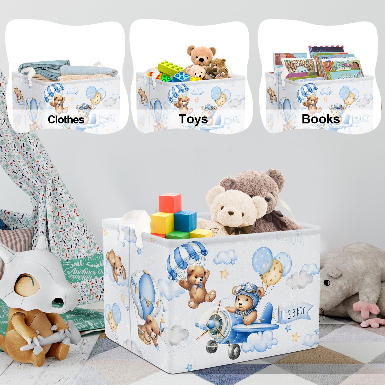 Clastyle 36L Blue Pilot Bear Boy Shower Basket Hot Air Balloon Gift Basket For Kid Room Nursery Pool Toy Towel Book Shelf Basket