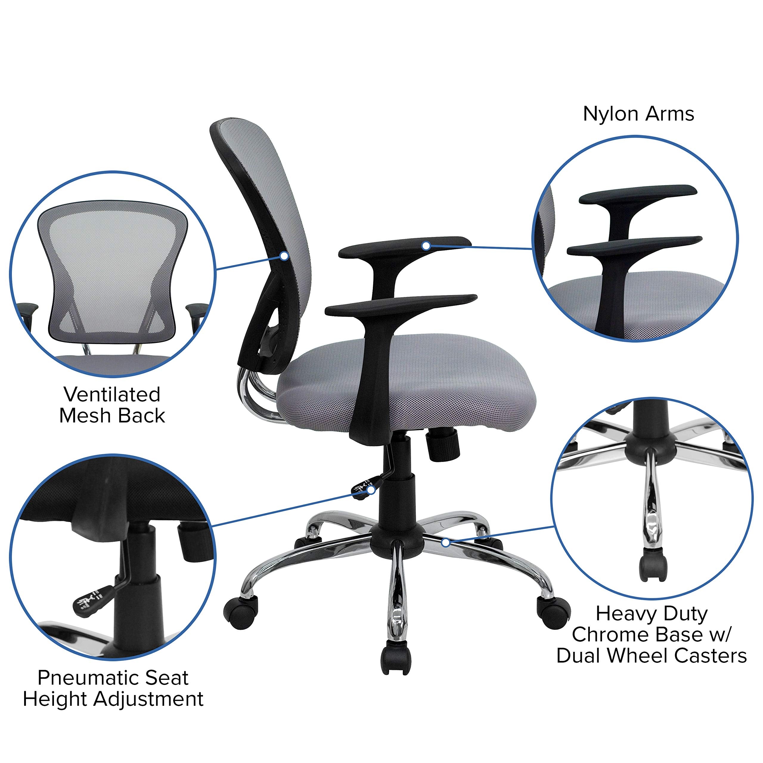 Flash Furniture Alfred Mid-Back Gray Mesh Swivel Task Office Chair with Chrome Base and Arms