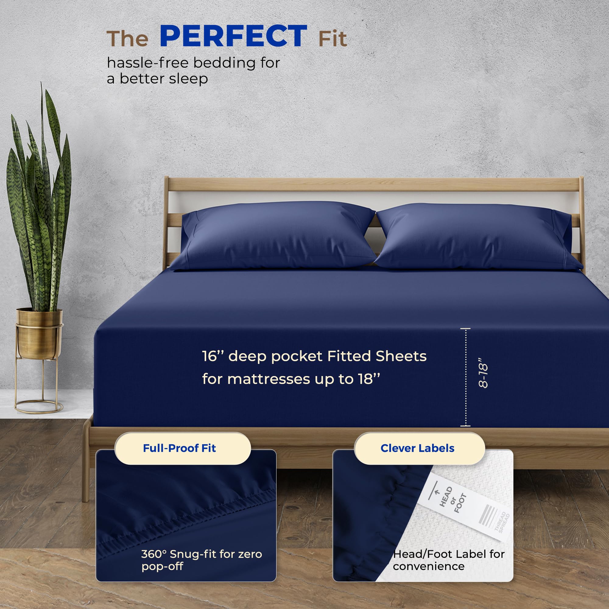 Thread Spread Luxury Egyptian Cotton King Fitted Sheet Only - 1000-Thread-Count King Size Fitted Sheet, Soft, Cooling, Sateen Weave Hotel Quality Bottom, Fits Upto 18' Deep Pocket Mattress - Navy Blue