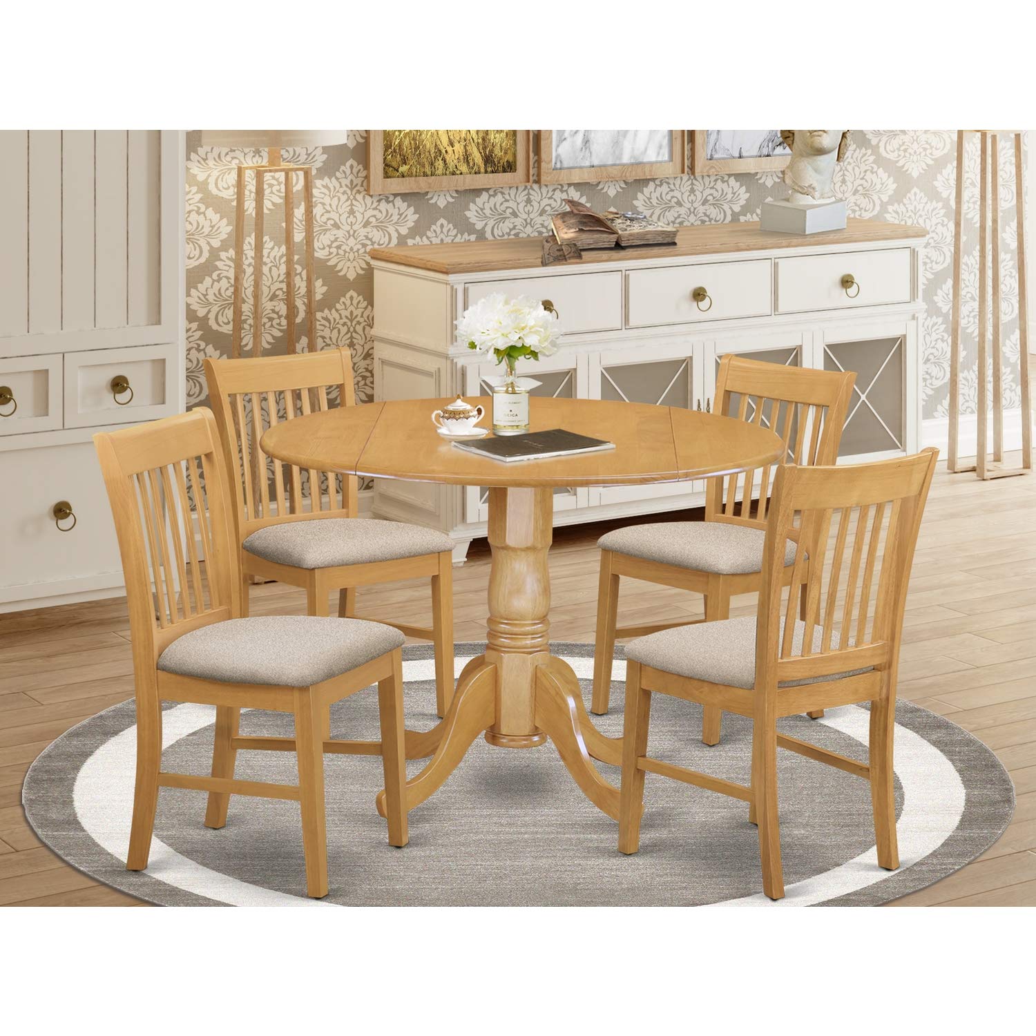 East West Furniture Dlno5-Oak-C 5 Pc Small Kitchen Table Set-Round Kitchen Table And 4 Dining Chairs.