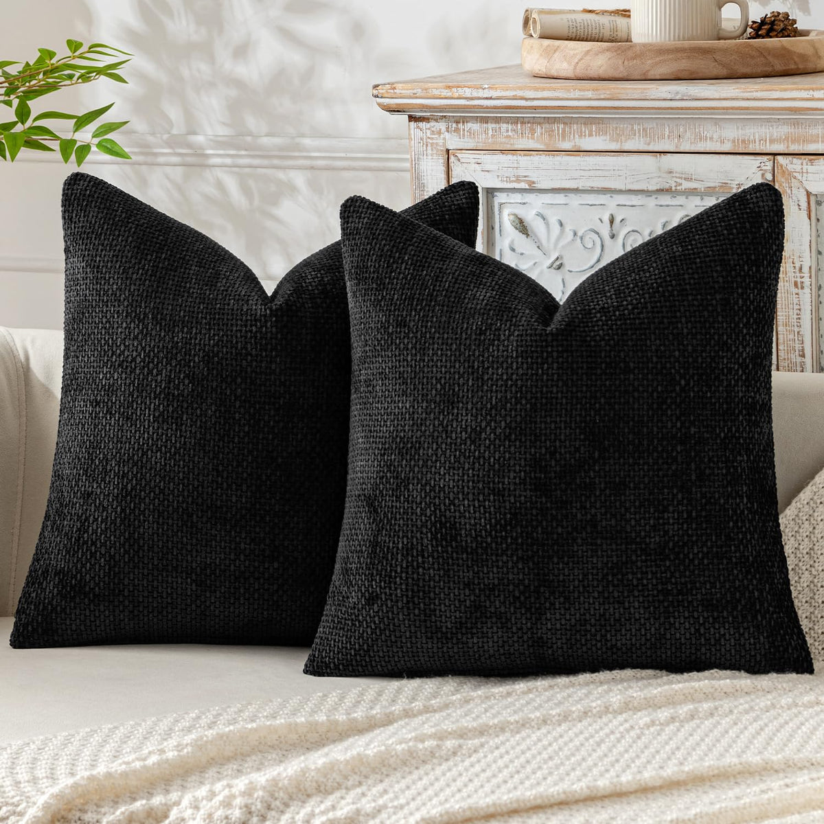 Miulee Pack Of 2 Black Decorative Pillow Covers 18X18 Inch Soft Chenille Couch Throw Pillows Farmhouse Cushion Covers For Home D