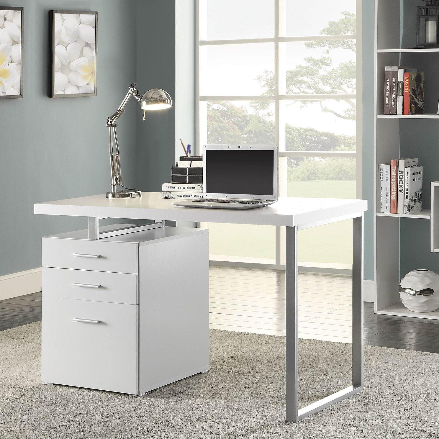 Coaster Home Furnishings Brennan Modern Contemporary Home Office 3-Drawer Writing Desk with Drawers Computer Desk Study Table File Cabinet Storage Silver Metal Frame White 800325
