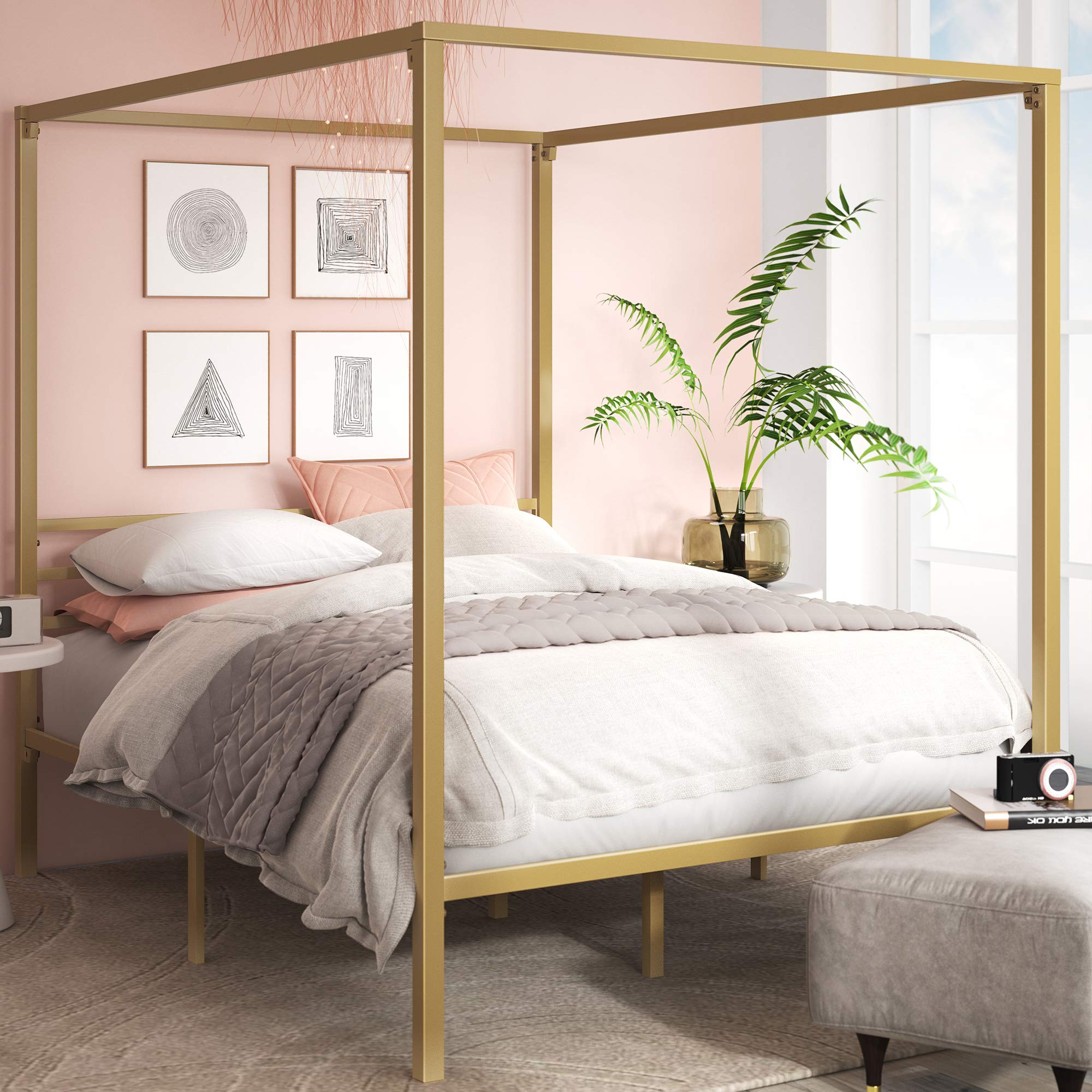 Zinus Patricia Gold Metal Canopy Platform Bed Frame, Mattress Foundation with Steel Slat Support, No Box Spring Needed, Easy Ass