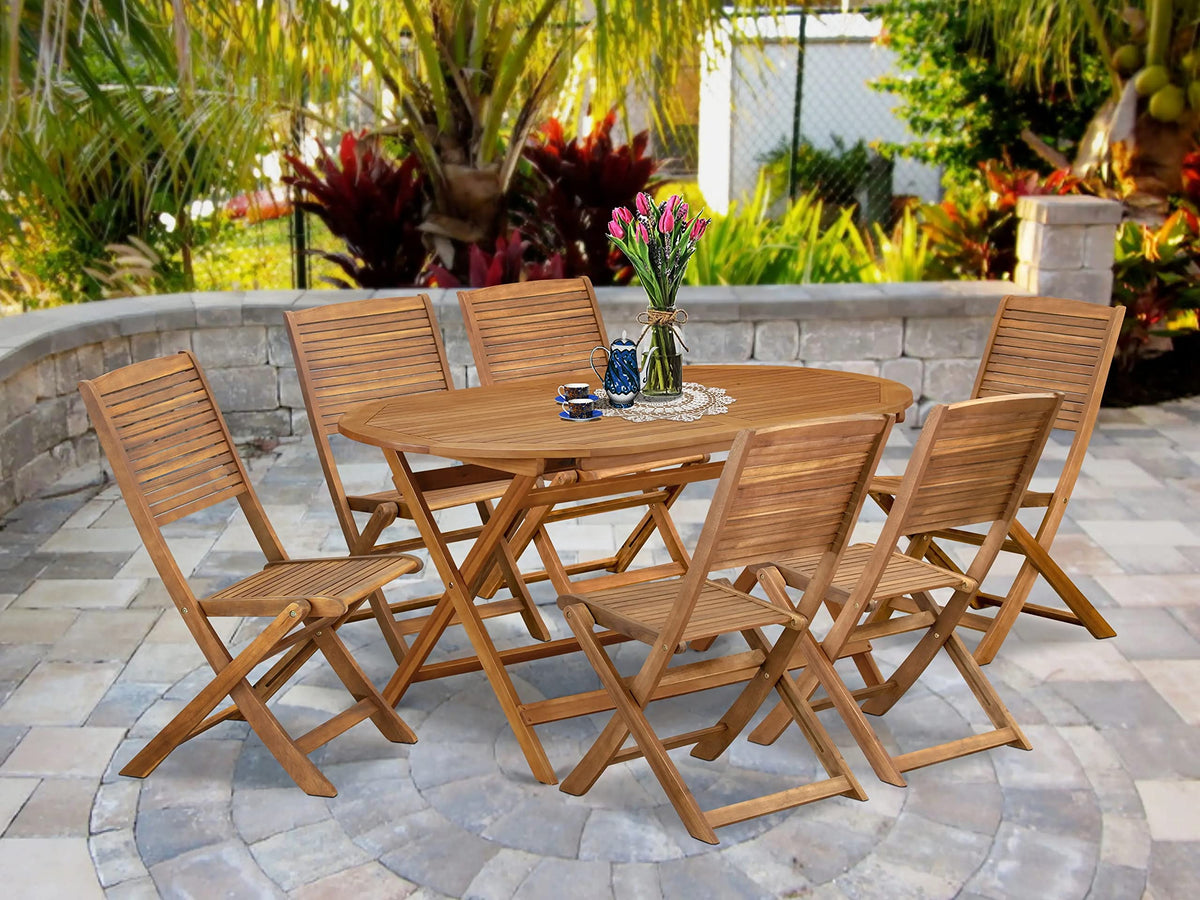East West Furniture Diboll 7 Piece Patio Dining Set Includes An Oval Outdoor Acacia Wood Table And 6 Folding Side Chairs, 36X60 Inch, Natural Oil