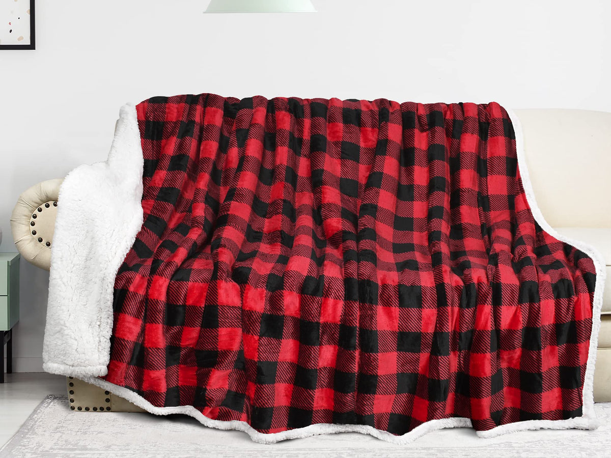 Catalonia Buffalo Plaid Sherpa Throw Blanket, Red Black Checkered Holiday Throws For Couch Sofa Cabin Decor  Soft, Warm, Comfy,