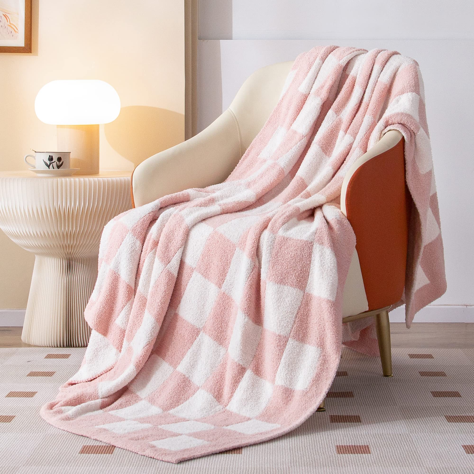 Searoomy Checkered Throw Blanket, Soft Fluffy Fuzzy Blanket Reversible Checkerboard Pink Throw Blankets Warm Cozy Plush Knit Thr