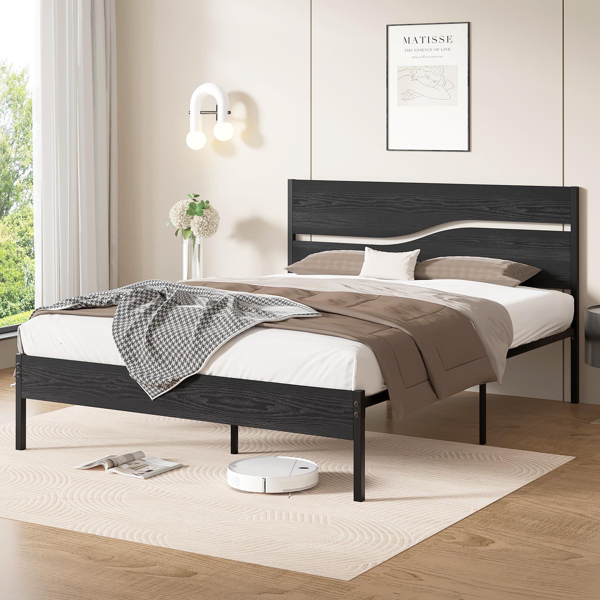 Vecelo Queen Size Platform Bed Frame With Wood Headboard, Solid And Strong Metal Support, No Box Spring Needed, Black
