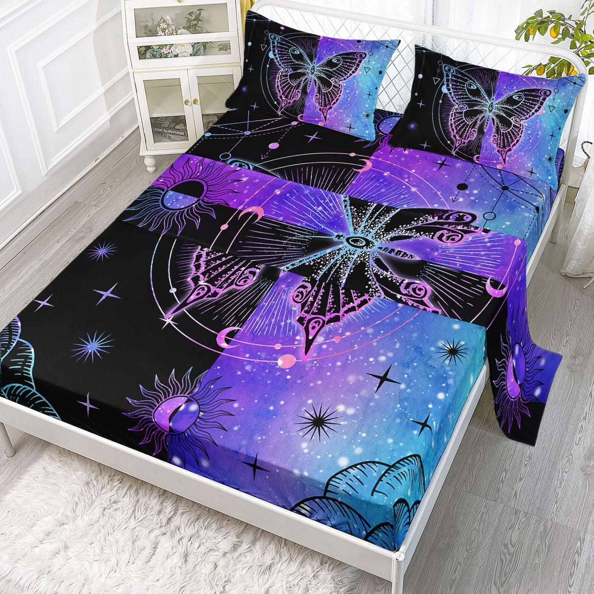 Datura Home Bedding Fitted Sheet And Flat Sheet Set 4Pcs Black Blue Butterfly Printed Bedding Set With 1 Flat Sheet And 1 Fitted