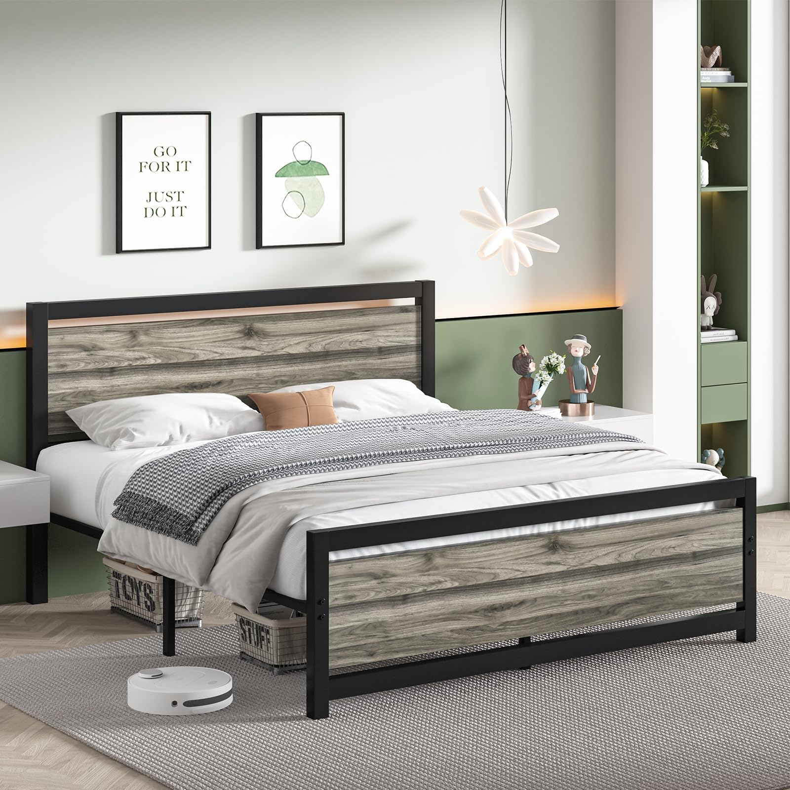 Catrimown Full Size Bed Frame with Wood Headboard and Footboard, Heavy Duty Platform Metal Bed Frame, Noise-Free, No Box Spring 